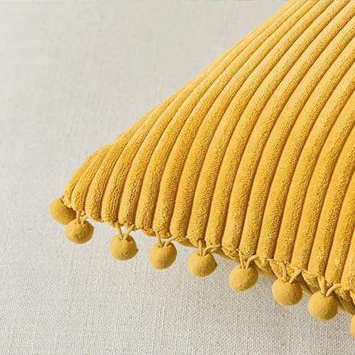 Miniatura 4 de Fancy Homi Paquete de 2 fundas de almohada decorativas de otoño amarillo mostaza de 18 x 18 pulgadas con pompones para sala de estar, sofá y