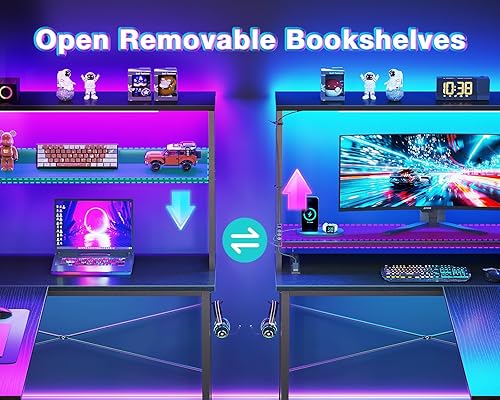 Miniatura 4 de AODK Escritorio en Forma de L para Gaming con Luz LED y Toma de Corriente, Mesa de Computadora Reversible en Forma de L de 43 Pulgadas con Estante,
