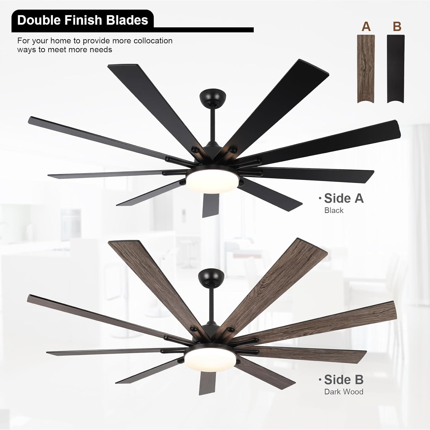 72 Inch Large Size Outdoor Ceiling Fan, Black Ceiling Fans with Lights and Remote, 9 Fan Blades, Dimmable, Reversible, 6-Speeds, 3-Colors Temperature, for Living Room/Office/Patio
