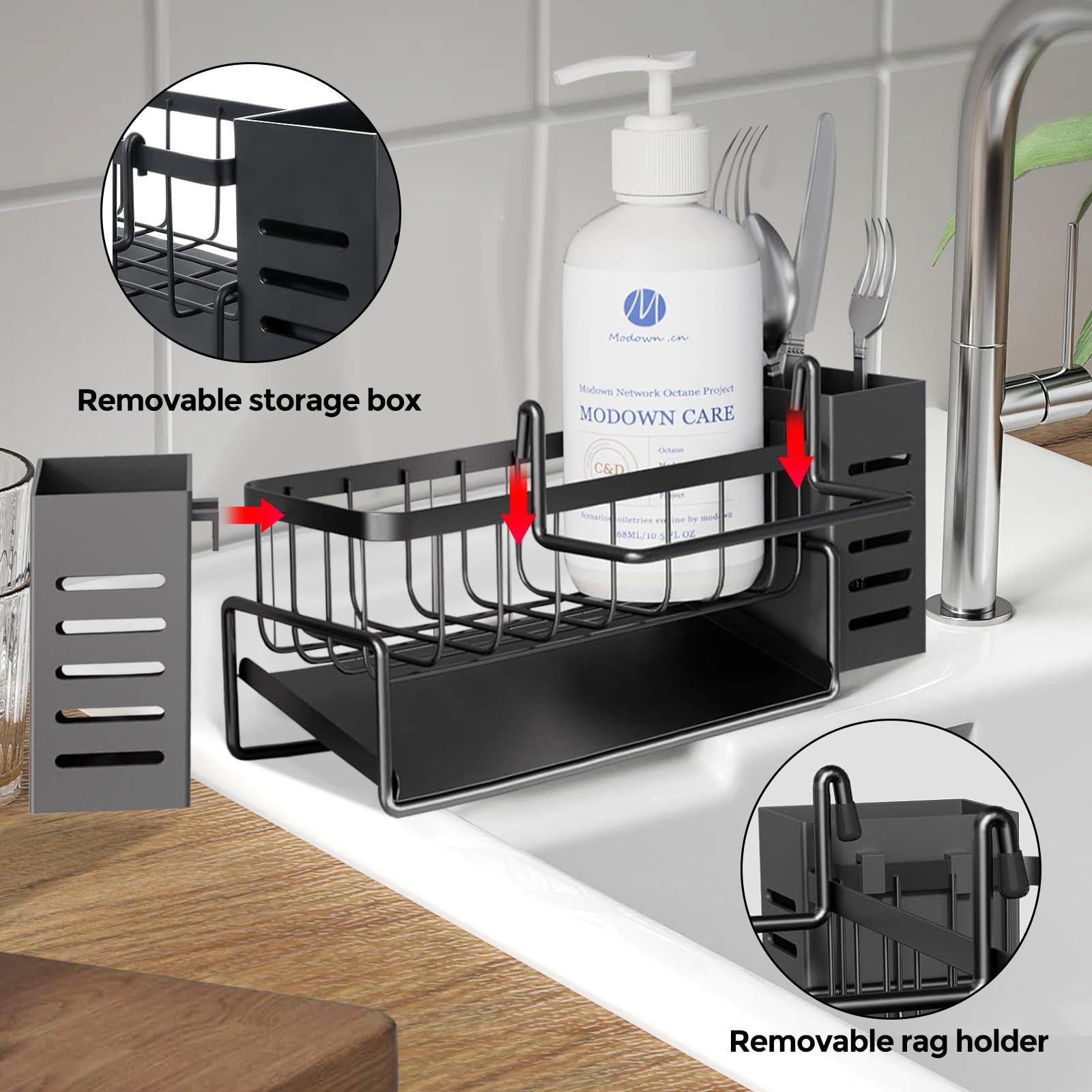 HIYAA Organizzazione e conservazione della cucina, organizzatore lavello cucina con vassoio di flusso automatico, porta spugna lavello cucina con porta asciugamani-nero