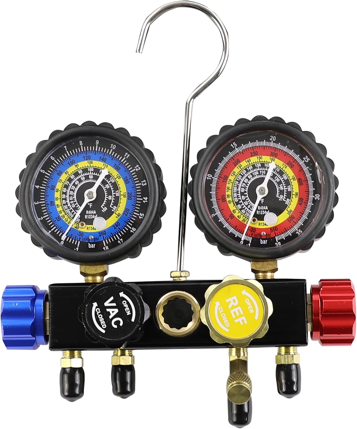 R1234yf R134a Manifold Gauge Set 4 Valve Manifold Gauge Compatible with R1234yf R134A Refrigerants with 4 Way Hoses Couplers Adapters Can Tap, Freon Recharge Kit