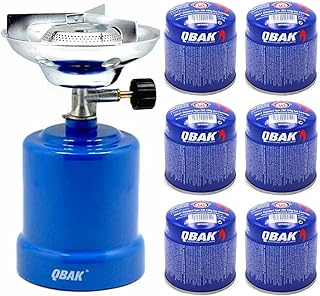 KROWN - Hornillo Camping Gas Cocina Portátil + 6 Bombonas 190g para Acampada, Campo, Playa, Montaña, Quemador con Regulador de Gas Butano