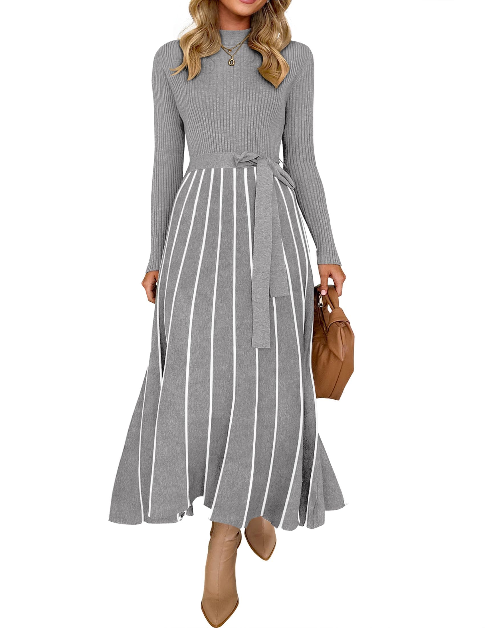 ZESICA Womens 2025 Fall Turtleneck Long Sleeve Sweater Dress Tie Waist Casual Loose Ribbed Knit A Line Midi Dresses, Grey, L