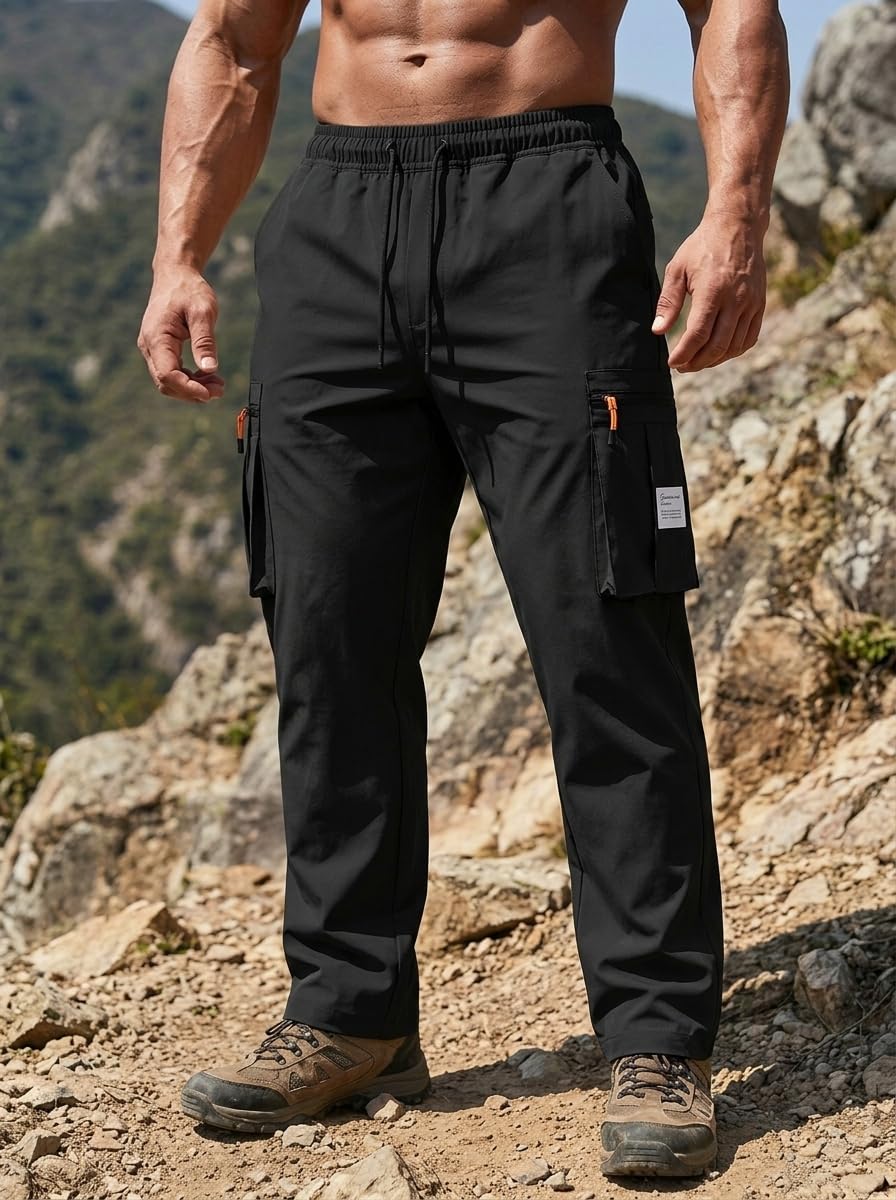 Men's Fashion Cargo Pants Joggers Drawstring Casual Trousers with Zipper Pockets