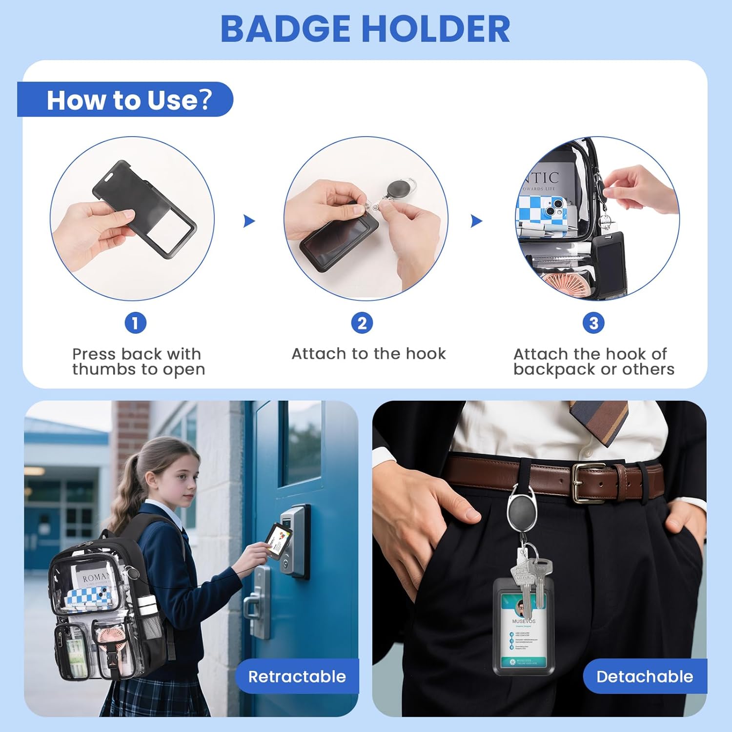 Clear Backpack for School, Heavy Duty Clear Bookbag for Girls Boys Transparent Backpack with Badge Holder, Black - Image 7