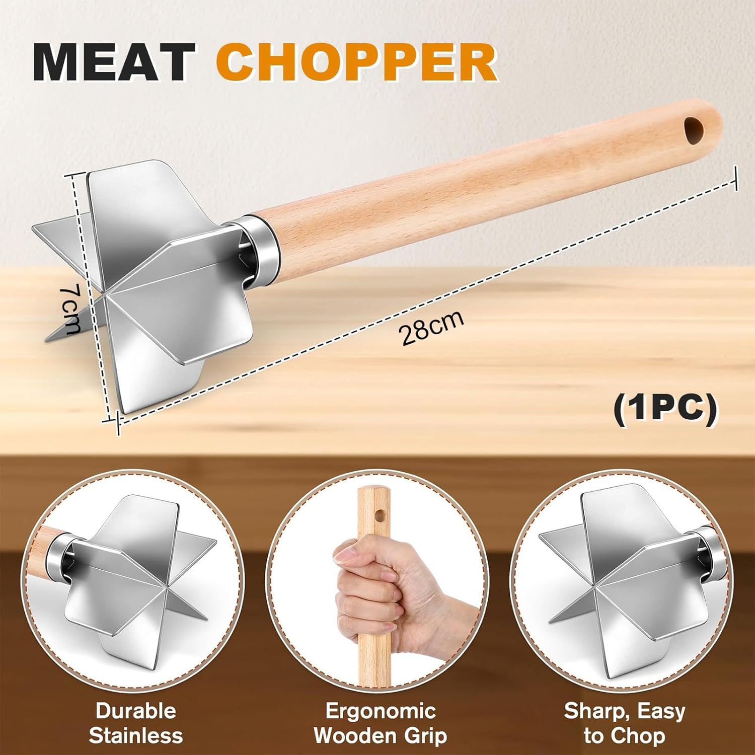 Picadora de Carne Manual de Acero Inoxidable - Desmenuzador de Pollo y Patatas Multifuncional, Machacador para Hamburguesas, Puré de Verduras, Utensilio de Cocina para Asar y Cocinar