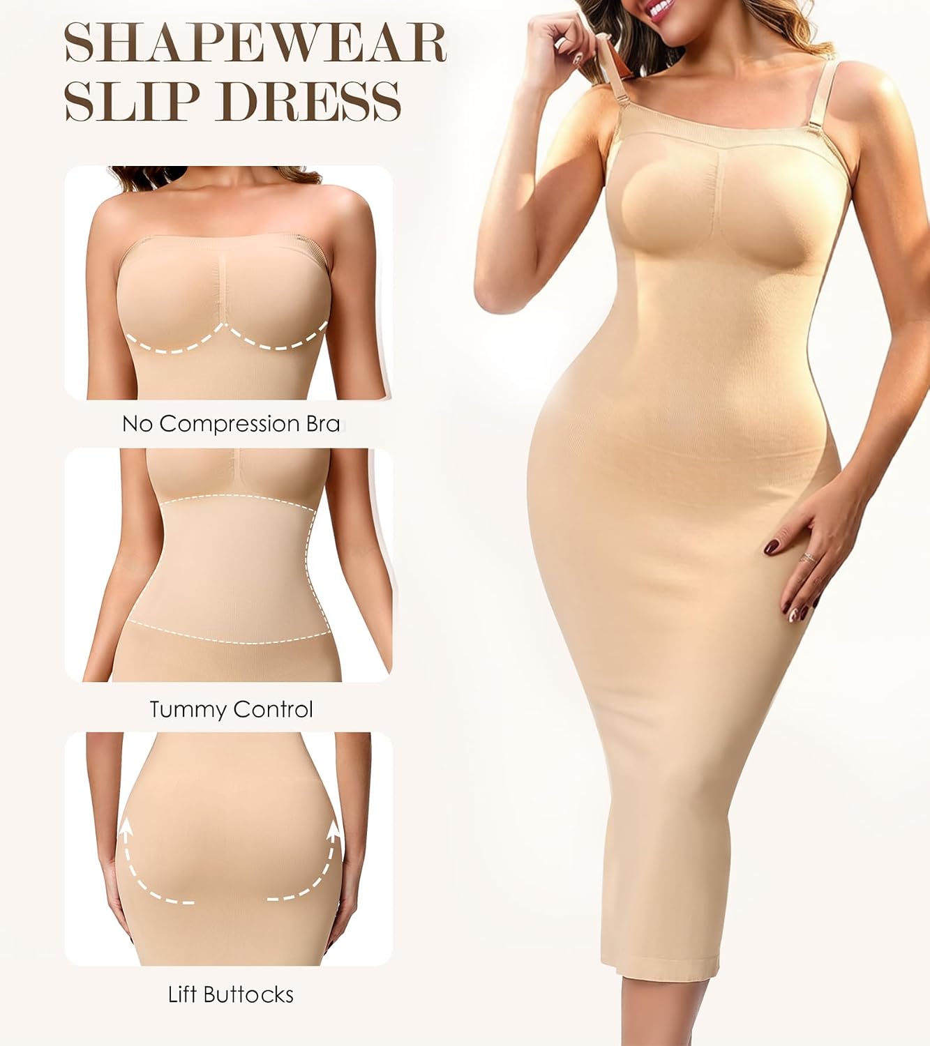 Strapless Shapewear Slip for Women, Tummy Control Full Slip Dress, Seamless Back Slit Body Shaper