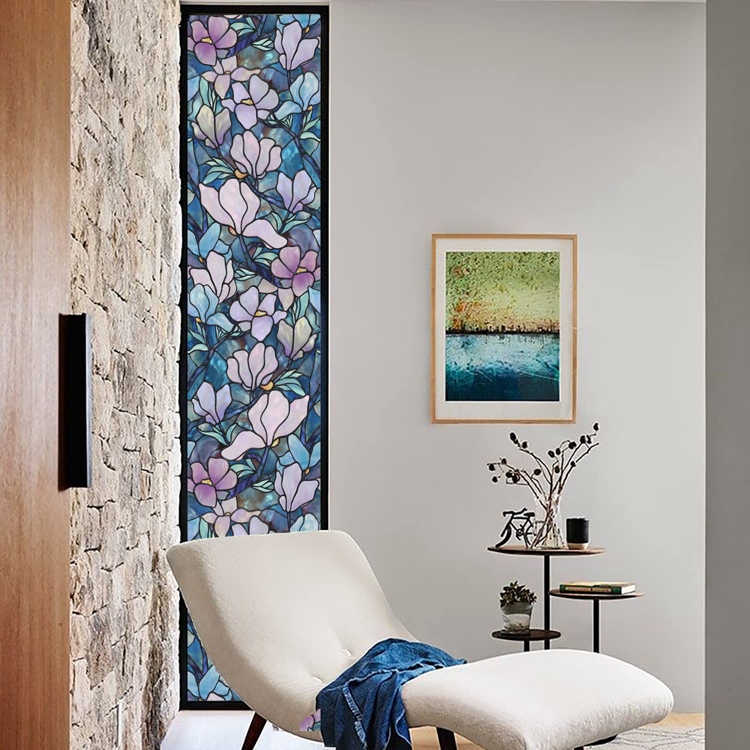 Pellicola Decorativa Per Vetri Funlife 43x300 Cm – Motivo Botanico A Acquerello Con Cincia E Alberi In Fiore, Effetto Prismatico Iridescen - 3