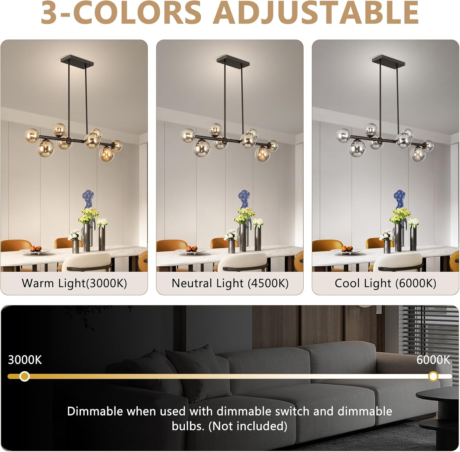 Jonsi Dining Room Light Fixture Over Table, Mid Century Chandeliers, Modern 8 Lights Smoke Grey Globe Glass Linear Chandelier Adjustable Ceiling Hanging for Living Dining Room Kitchen Island, Black