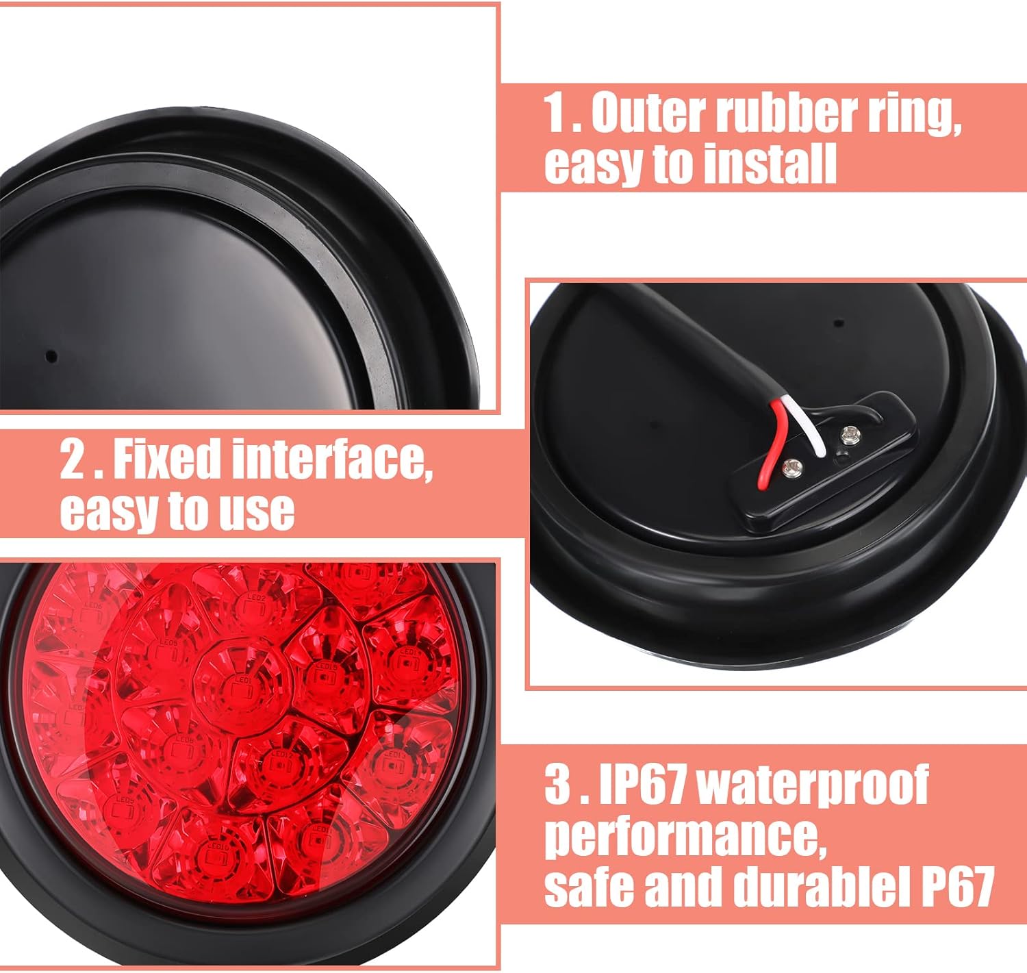 Funtery 16 Pcs 4 Inch Round 16 LED Trailer Tail Lights IP67 LED Stop Brake Reverse Turn Light Flush Mount Include Grommets 3 Prong Wire Pigtails 12V Sealed(Red)