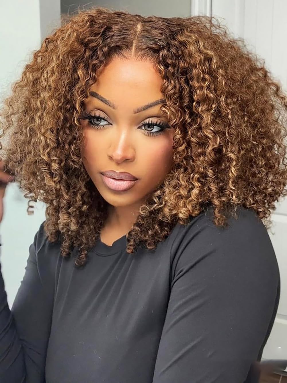 ISEE M-Cap Kinky Curly Wear Go Glueless Wigs Human Hair Pre Plucked Pre Cut Bleached Knots 9x6 HD Lace Glueless Human Hair Wigs For Women (Highlight