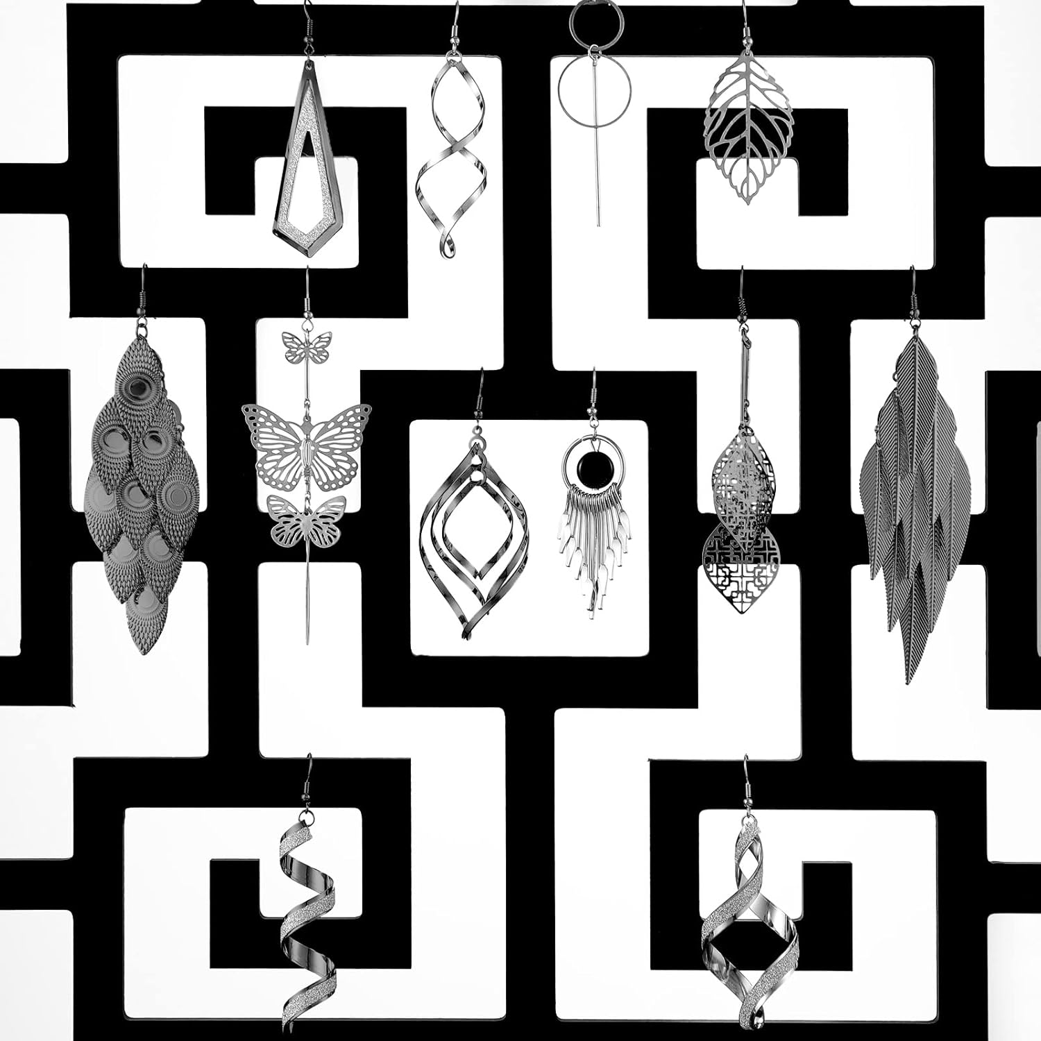 12 Pairs Drop Dangle Earrings Bohemian Long Earrings Vintage Statement Jewelry Holiday Gift for Women(Silver, Black) - Image 7