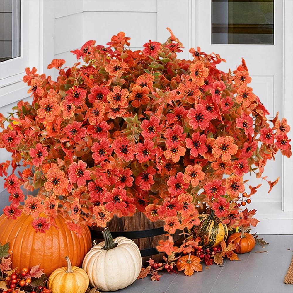 Fanfantoey Artificial Flowers for Outdoor, Realistic UV Resistant Fake Silk Plants for Outside Porch Patio Window Box Planter Home Decor (10, Fall Orange Red)