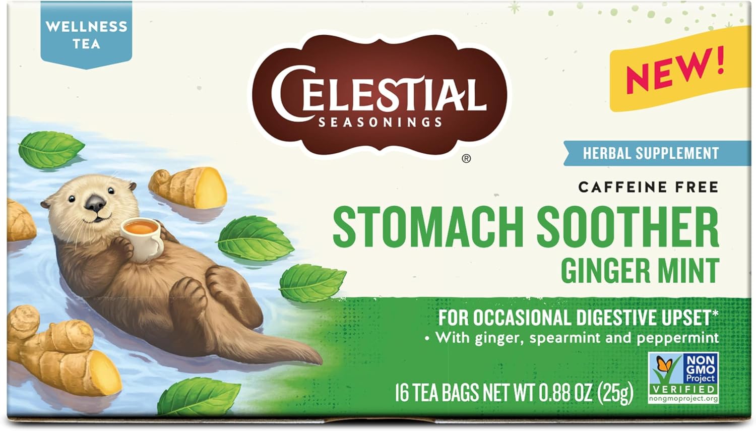 Celestial Seasonings Stomach Soother Wellness Tea, Caffeine-Free Herbal Tea, Helps Relieve Occasional Digestive Upset and Nausea, 16 Tea Bags