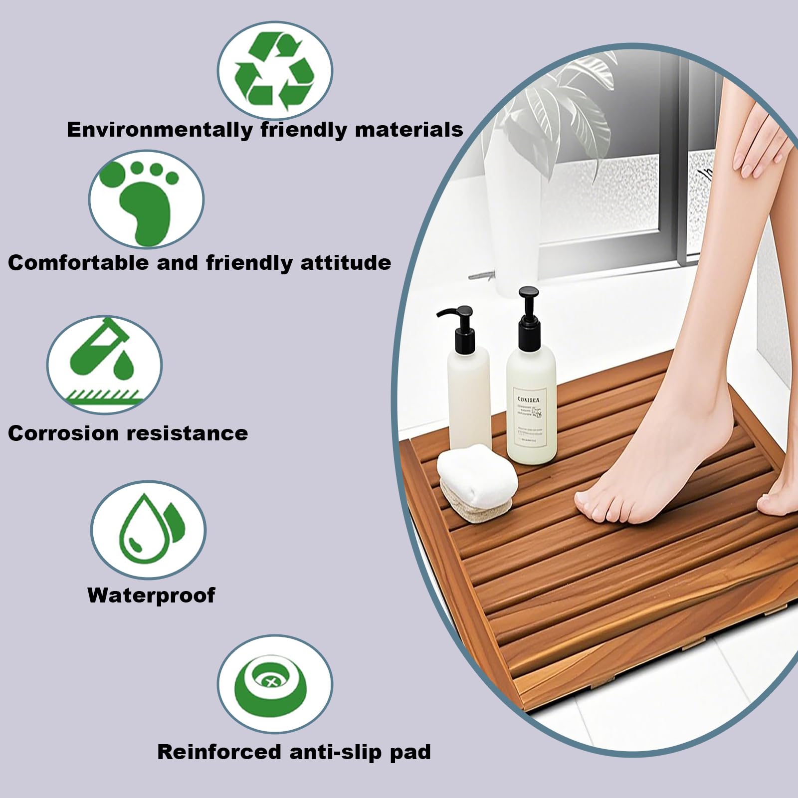Tappetino originale per vasca da bagno e doccia in teak, antiscivolo, impermeabile, durevole, capacità di carico fino a 136 kg, adatto per bagno spa e uso esterno (83,8 x 71,1 cm (rettangolare))
