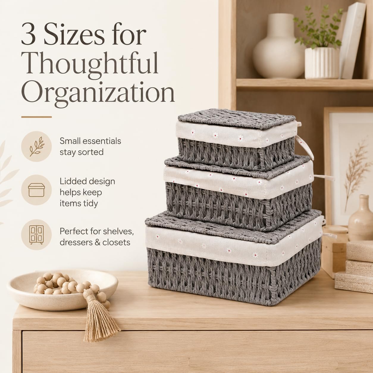 Storage Baskets with Lids Set of 3, Nesting Woven Wicker Baskets, Decorative Lidded Baskets for Shelves, Bedroom, Bathroom, Closet, Gift Set – Grey