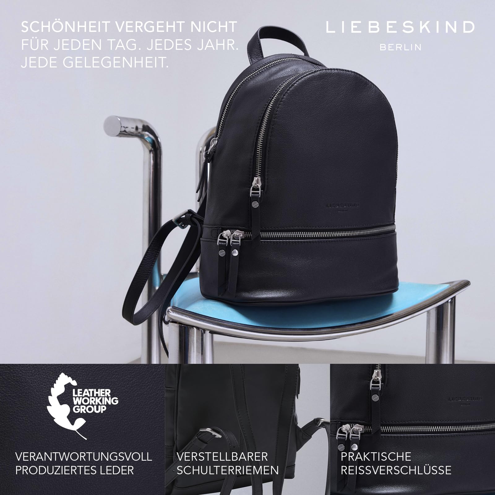 Liebeskind Berlin Rucksack „Alita“ I Hochwertiger Backpack aus weichem Rindsleder mit Reißverschlussfächern und verstellbarem Schulterriemen I Damen-Rucksack