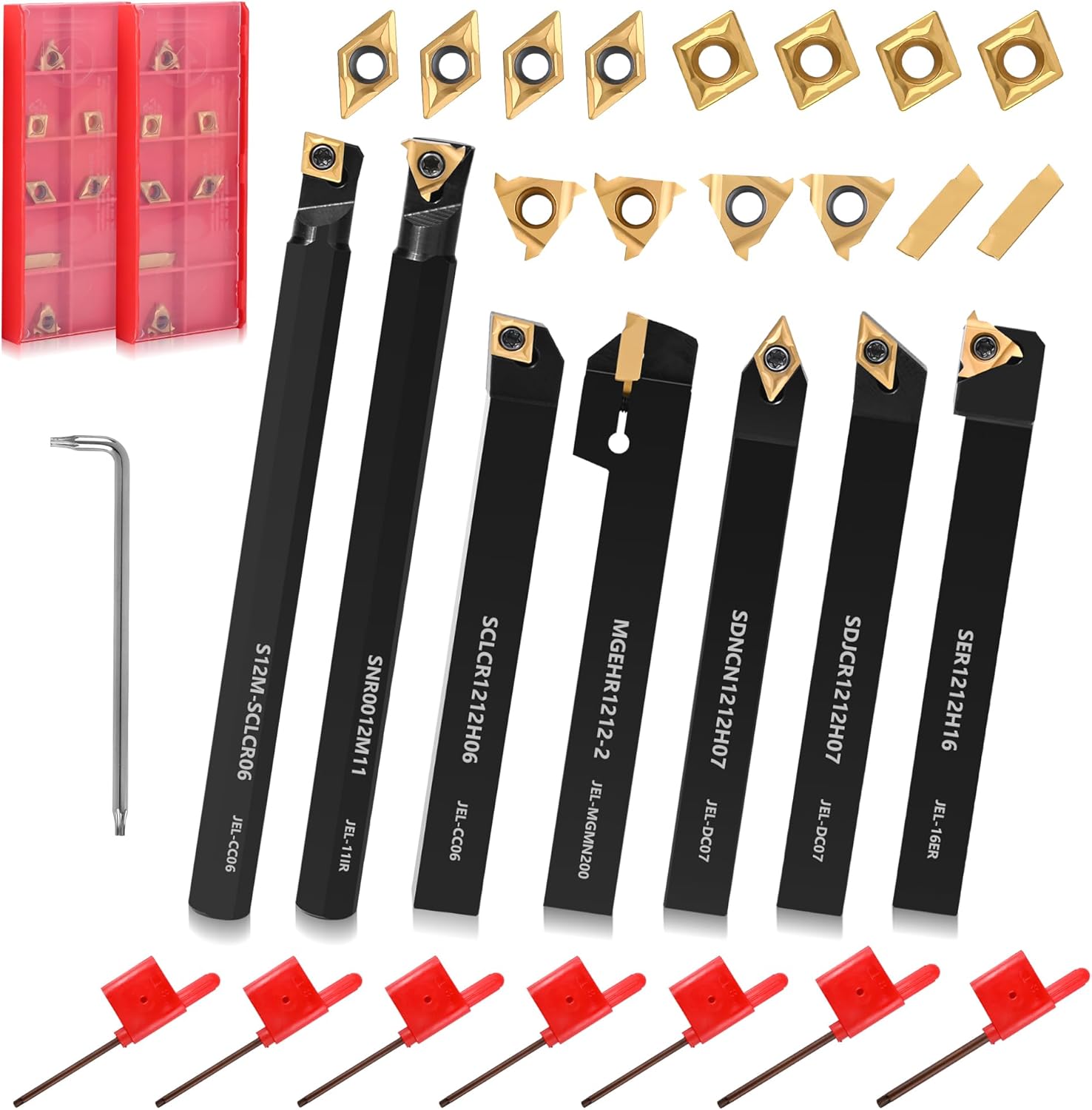 21-Pcs Indexable Lathe Tool Set with 7PCS 1/2" 12mm Shanks Turning Tool Holders and 14PCS Carbide Inserts for Turning, Grooving, Threading, Boring