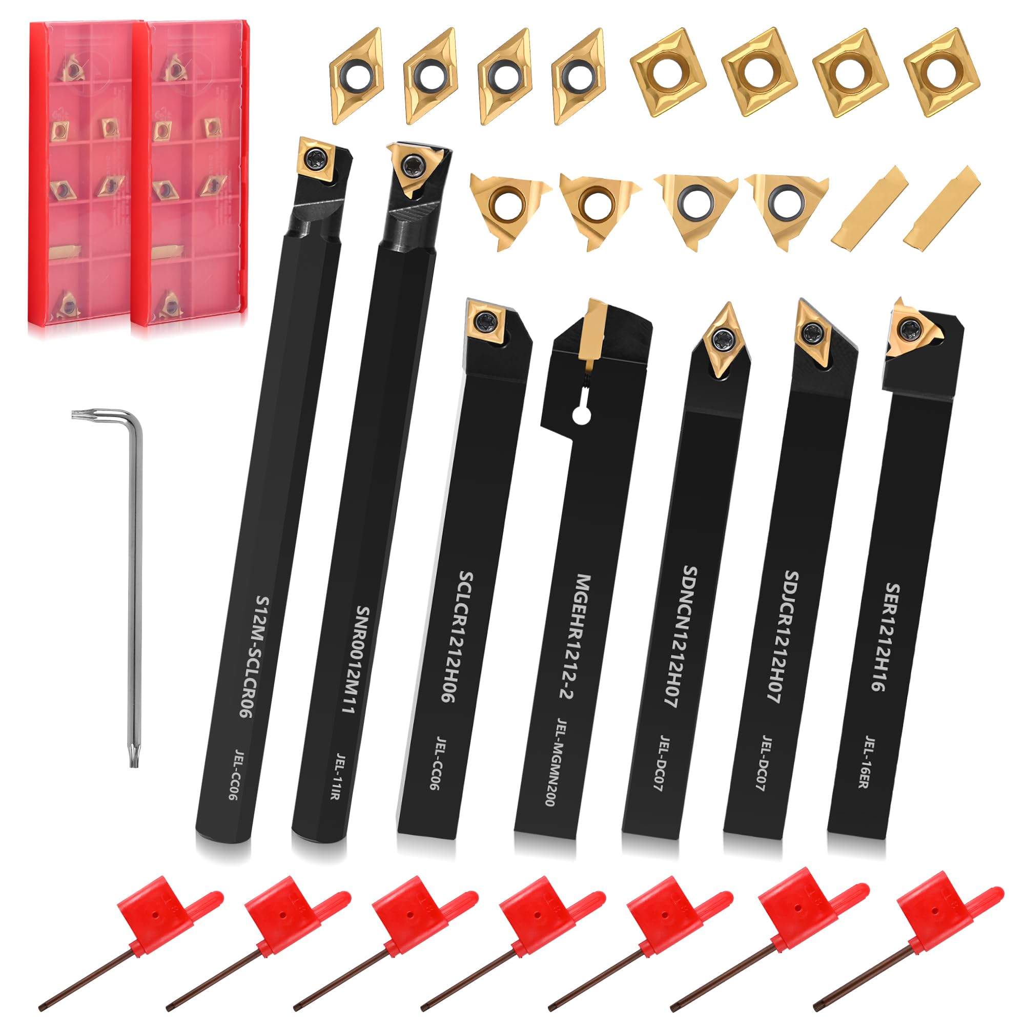 21-Pcs Indexable Lathe Tool Set with 7PCS 1/2" 12mm Shanks Turning Tool Holders and 14PCS Carbide Inserts for Turning, Grooving, Threading, Boring