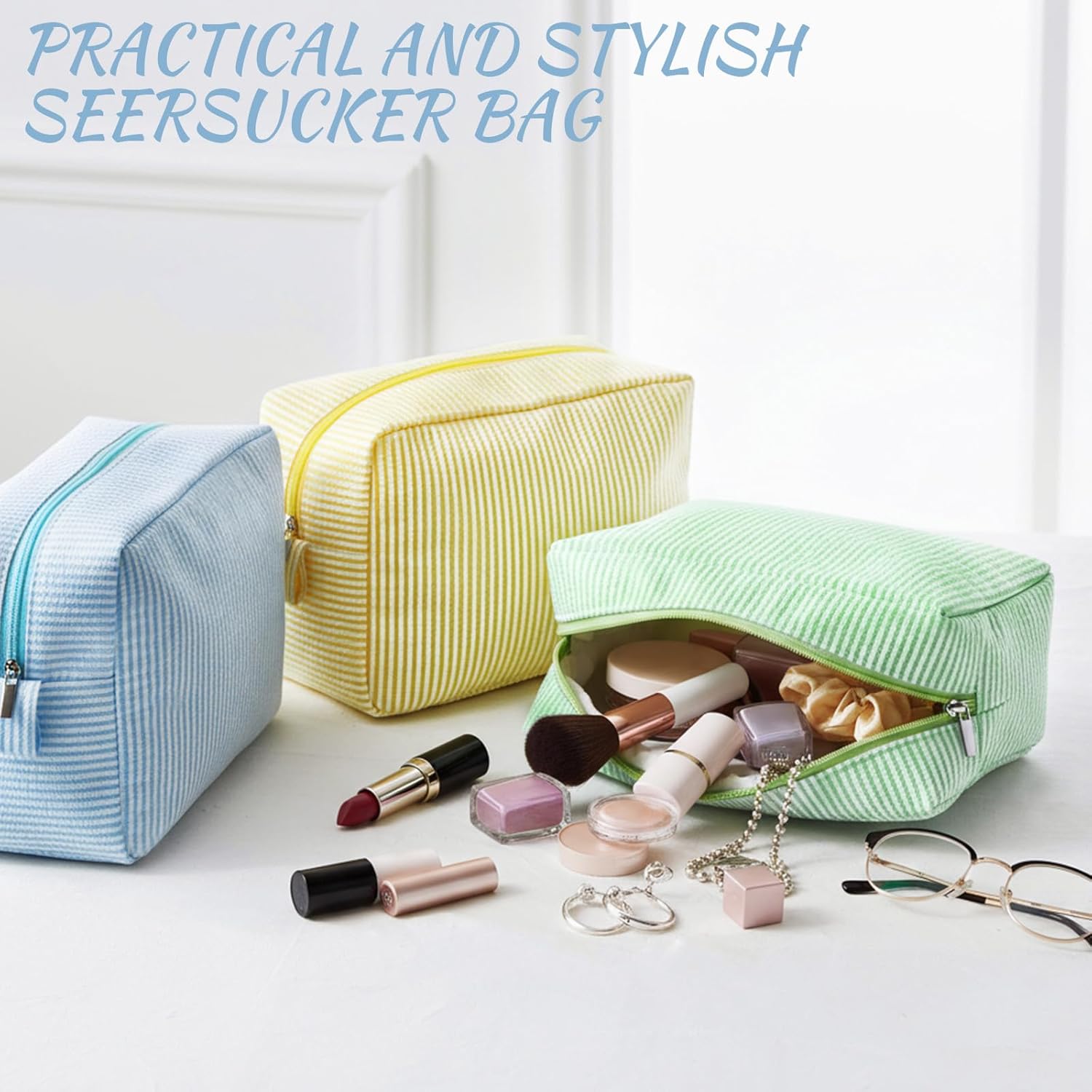 Sanwuta 3 Pcs Seersucker Makeup Bags Seersucker Cosmetic Bags Striped Women Large Travel Toiletry Organizer Preppy Storage Pouch for Embroidery Wedding Bridesmaid Gifts(Yellow, Green, Lake Blue) - Image 4
