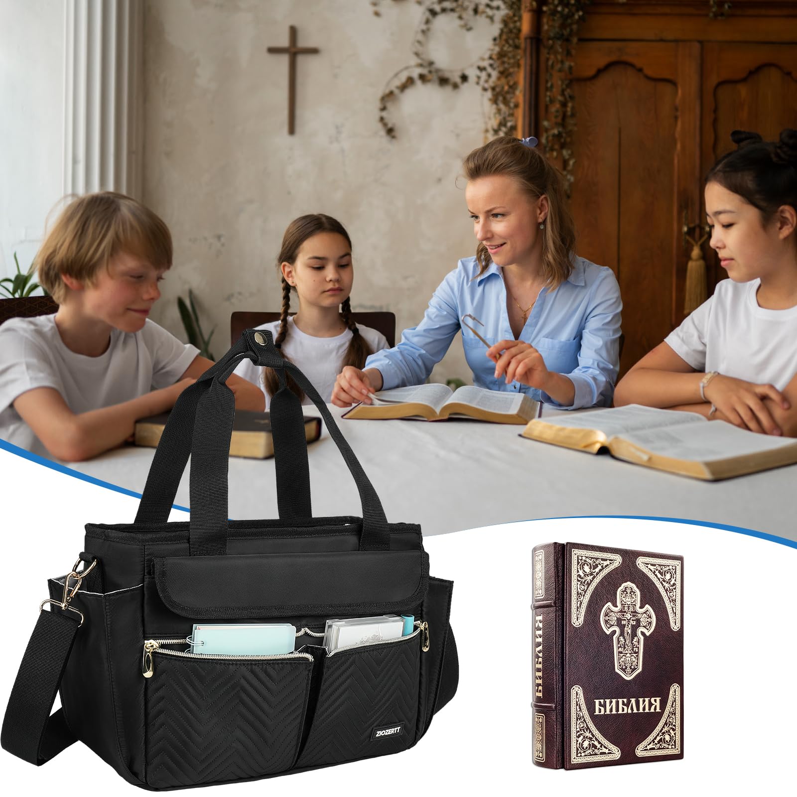 Bolsa de Biblia con funda para la Biblia para mujer, funda de transporte de la Biblia con correa para el hombro y múltiples bolsillos para accesorios de estudio bíblico, negro, solo bolsa