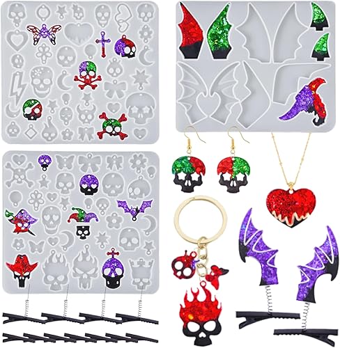 Molde para aretes de resina de Halloween, 3 moldes de joyería de resina, varios moldes de silicona de calavera, moldes de pinzas para el cabello,