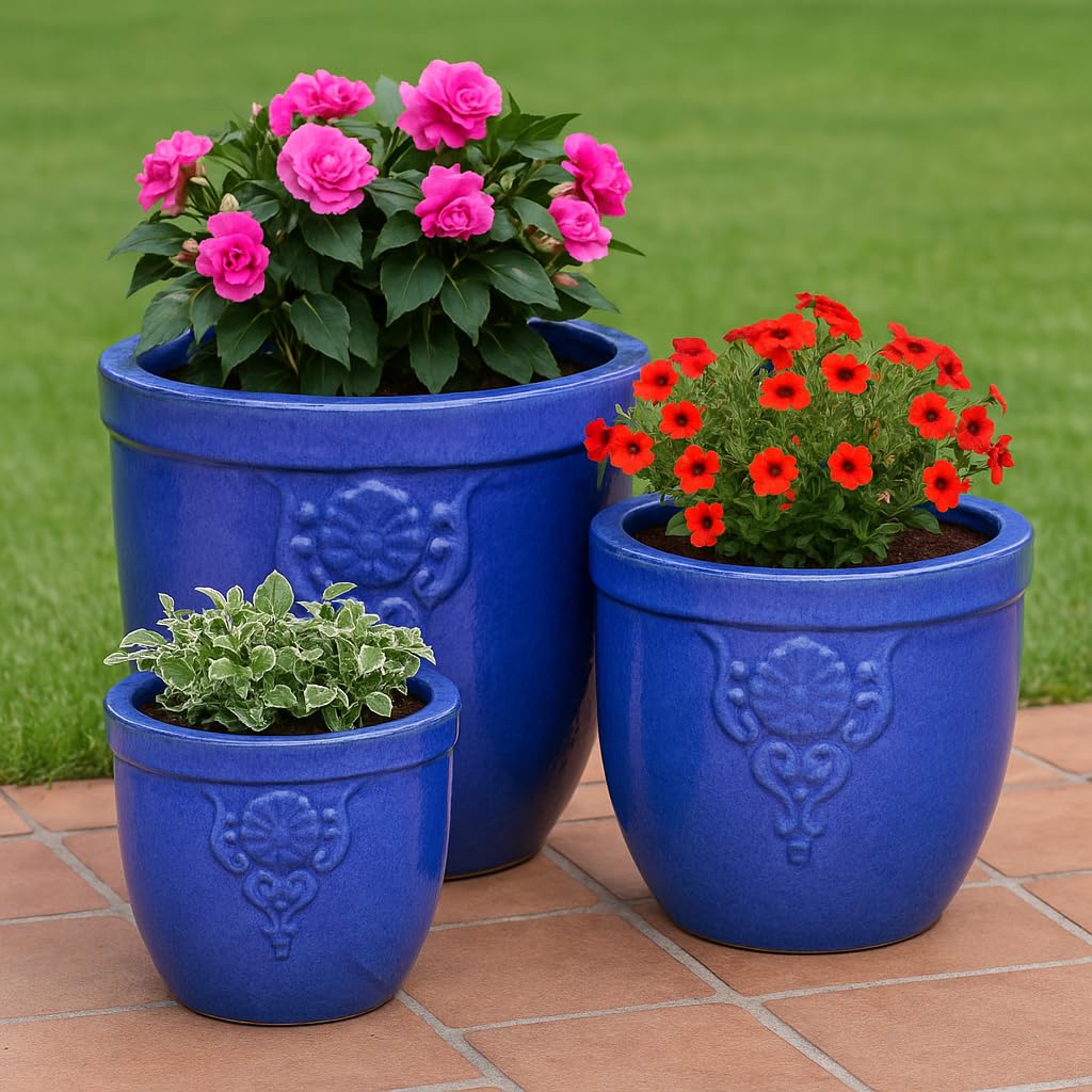 Steinzeug-Blumentopf/Pflanzkübel Blumenemblem Blau 32x28cm frostfest