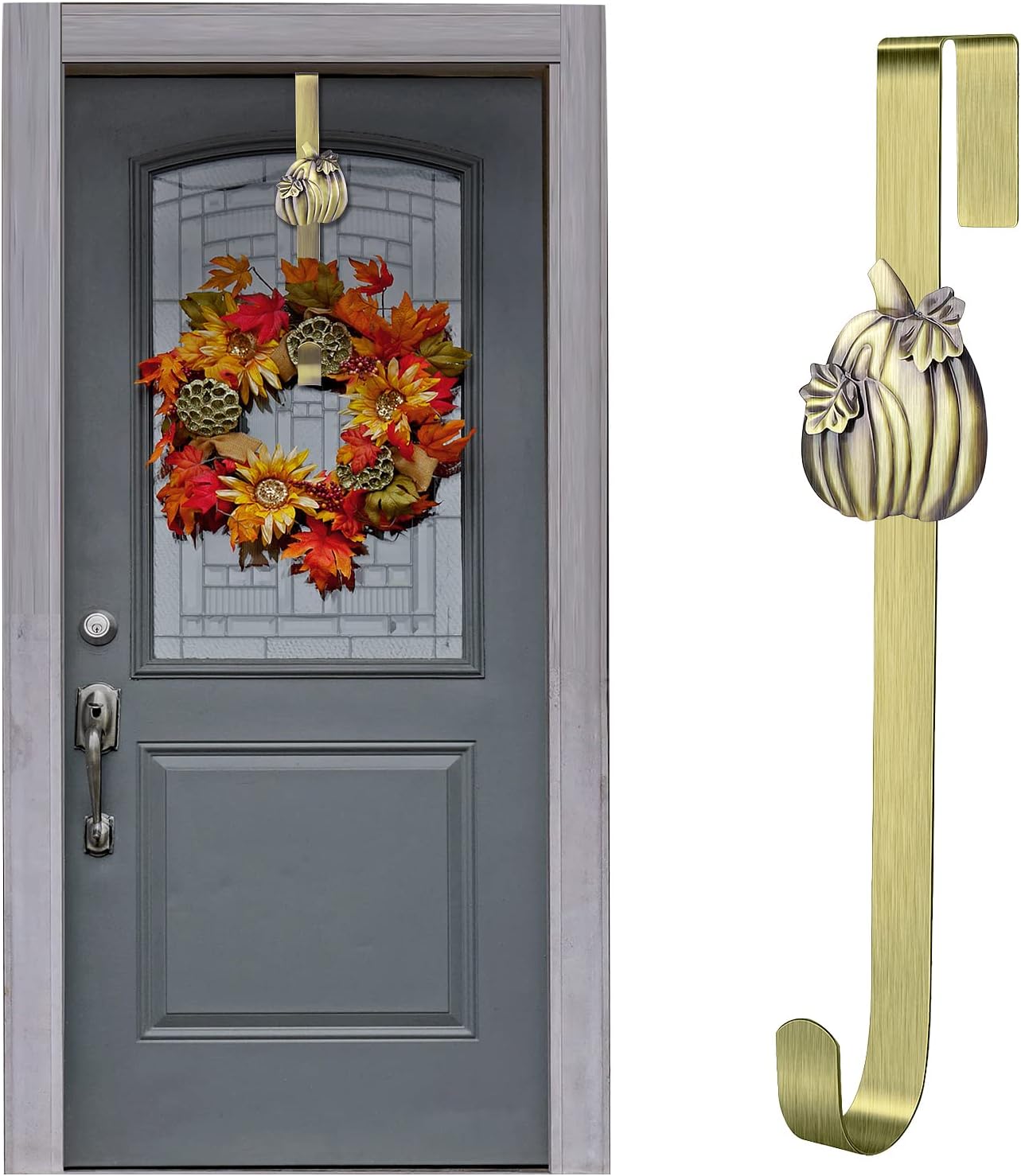 Fovths Metal Wreath Hanger 14.5 Inches Wreath Hook with Pumpkin Interchangeable Icons Wreath Hanger for Front Door Metal Wreath Hook Thanksgiving Autumn Christmas Decorations (Green Bronze, Pumpkin)