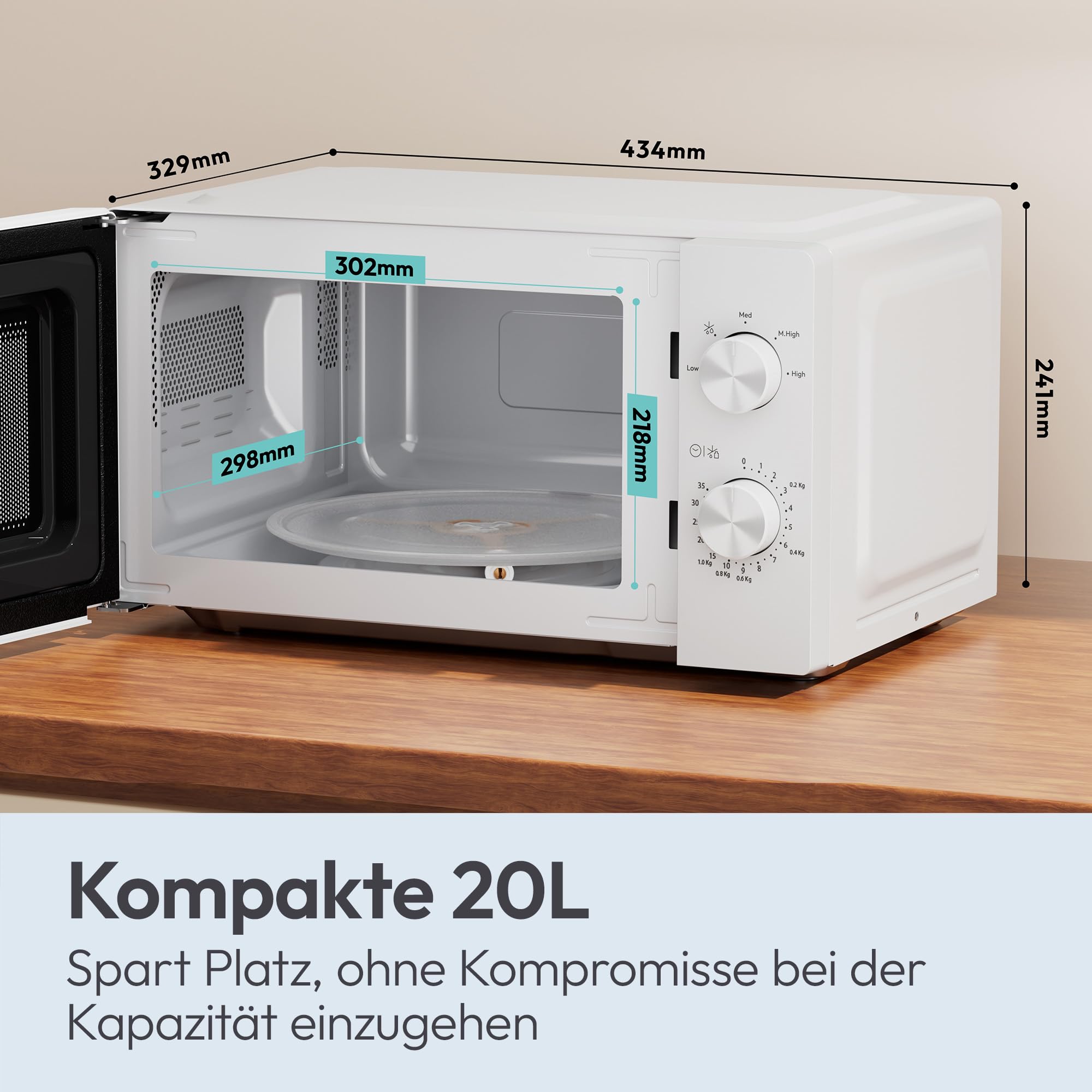 Candy Mikrowelle freistehend bis 700 Watt, Mikrowellengerät mit Drehteller, 5 Leistungsstufen, 20 Liter, manuelle Drehreglersteuerung, Auftaufunktion, leicht zu reinigen, weiß