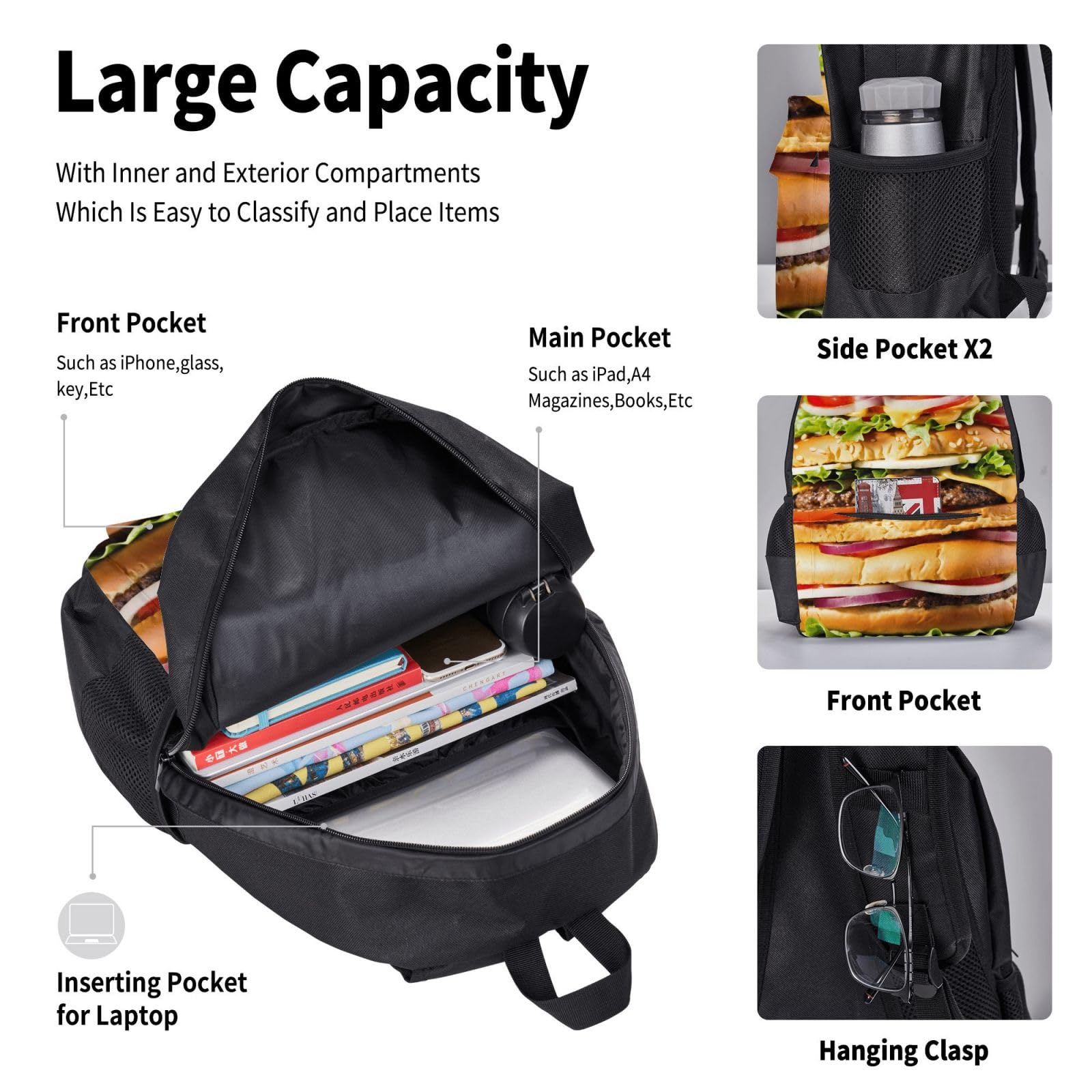Zaino, borsa portapranzo, astuccio, set da 3 pezzi, per lavoro e
