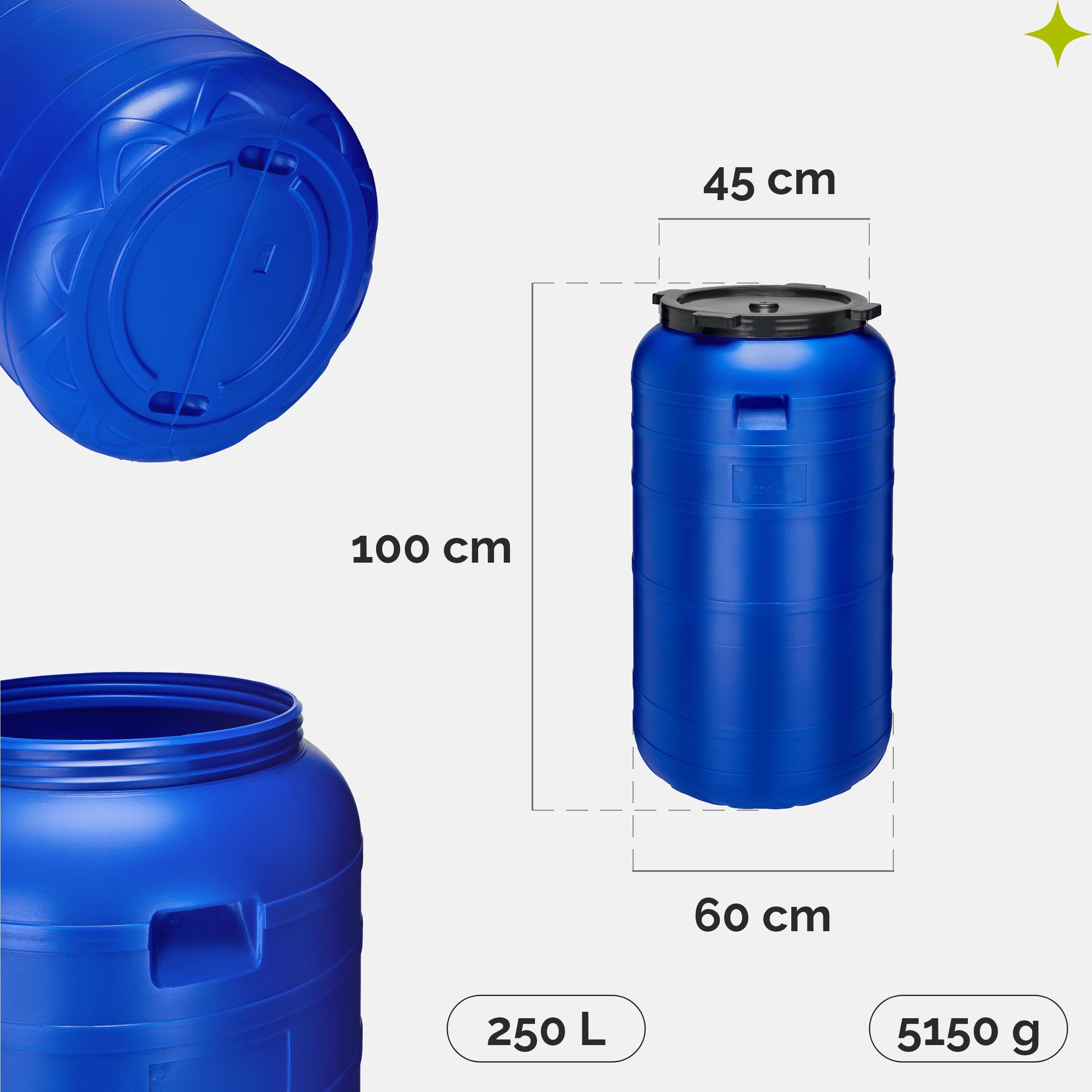 Garronda 250 Liter Weithalsfass BPA-frei Futtertonne Fass Universalfass Lebensmittel Fass Regenfass für Garten Regentonne mit Deckel Regenwassertonne für Garten Wassertonne GD-0093 Blau