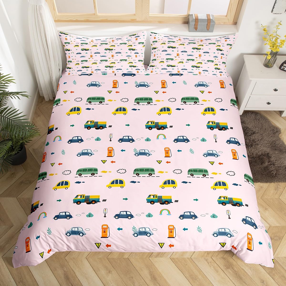 Loussiesd Girls' Car Printed Duvet Cover Super Large Car Taxi Bedding Boys' Train Truck Pattern Bedding Set Microfiber Youth Children's Bus Decorative Bedding Pink — image 1