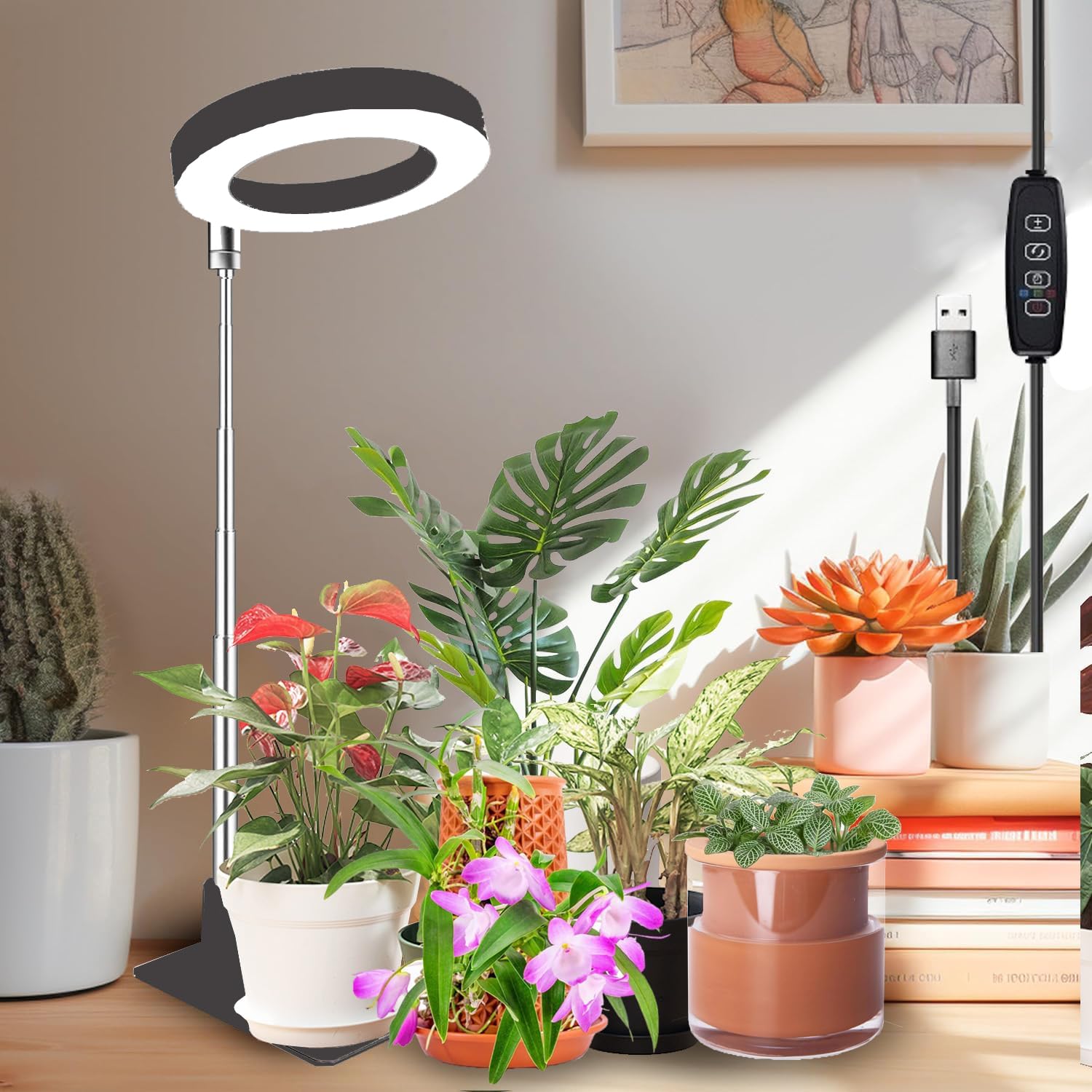 ADLWJS 植物ライト LED 植物育成ライト 観葉植物 ライト スタンド付き 10段階調光 定時機能 高さ調節可能 省エネ 低消耗 太陽光模擬 USB給電 室内栽培用 ブラック