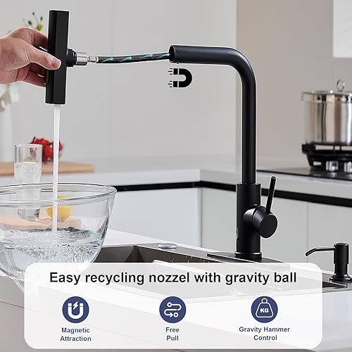 Miniatura 31 de Grifos de cocina de níquel cepillado con rociador desplegable y dispensador de jabón, un solo orificio y mango, grifo extraíble, grifo de fregadero