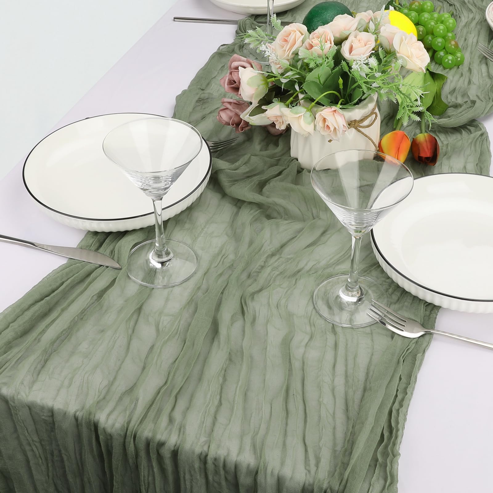 Leerweii2 Pack Sage Green Cheesecloth Table Runner 35" x 120", Cheese Cloth Boho Decor Rustic Gauze Table Runners Table Decoration for Vintage Wedding, Birthdays, Bridal Party