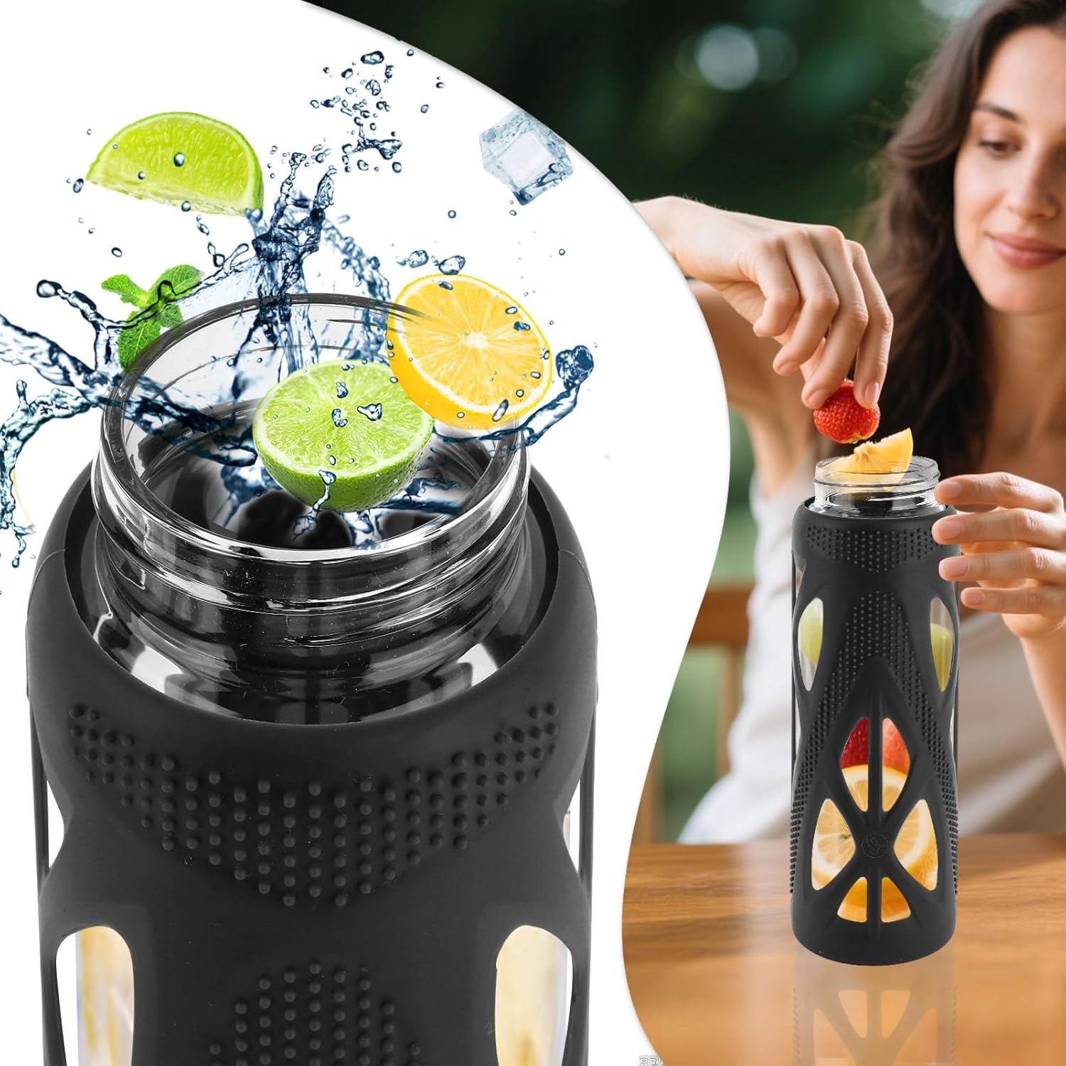 24oz Glass Water Bottle with Silicone Sleeve and Spout Lid - High Borosilicate Glass, Wide Mouth, Leakproof with Handle, BPA-Free, Perfect for Hydration on the Go (Deep Black) - Image 5