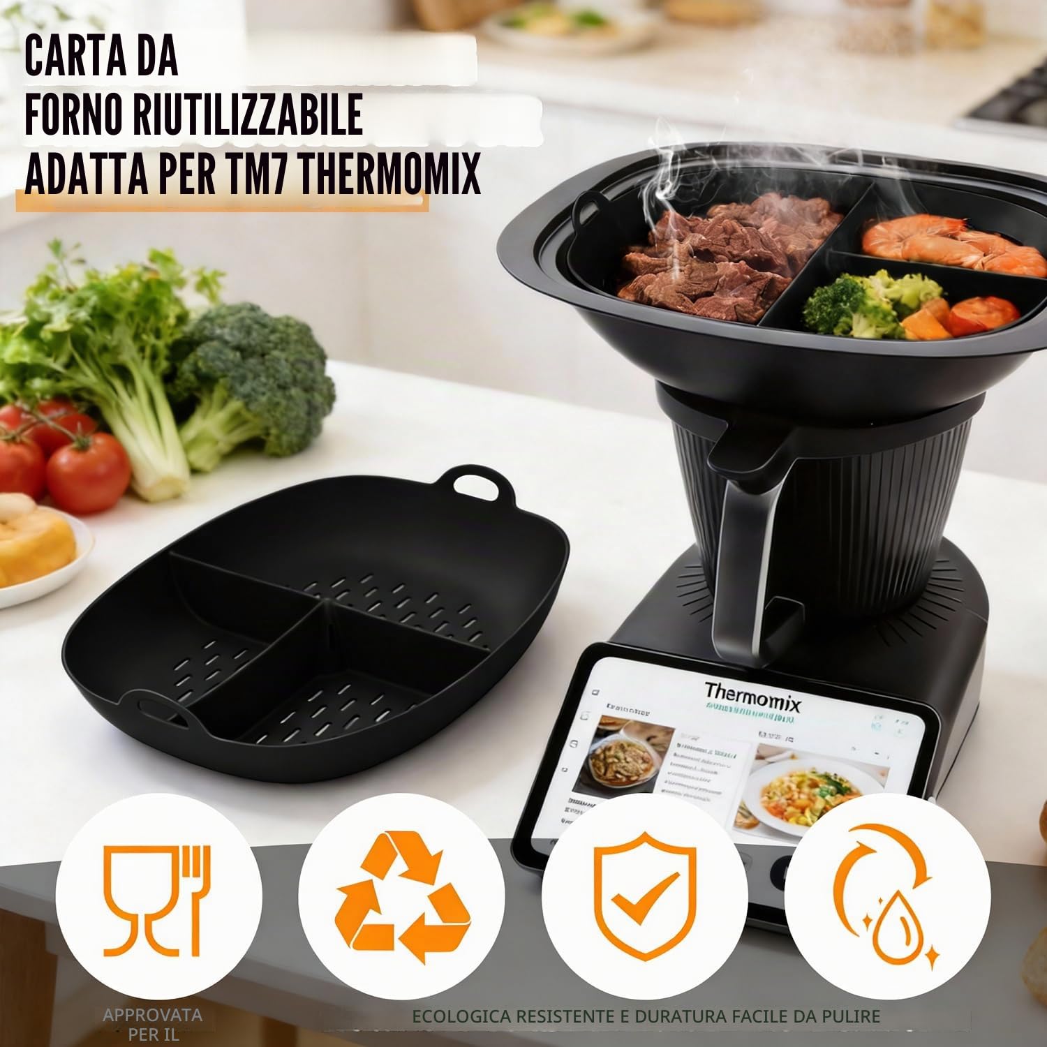 SelfTek Pellicola Permanente per Bimby TM7, Carta da Forno Riutilizzabile in Silicone di Alta Qualità Riutilizzabile, Resistente Al Calore e Antiaderente, Grande Capacità 4,5L, Nero