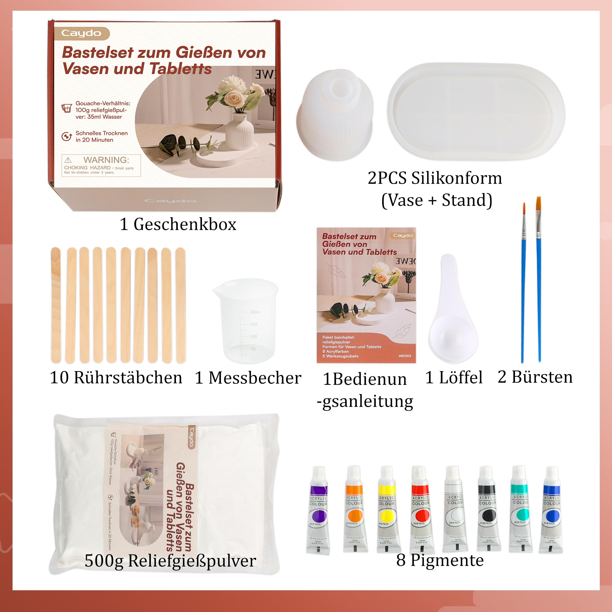Caydo Gietpoeder starterset, siliconen vormen, gietvormen, vaas, pallets met gietpoeder, 500 g, doe-het-zelf bloemenvaas, siliconen vormen, reliëfgietpoeder voor het uitgieten met creatief beton Caydo Gietpoeder starterset, siliconen vormen, gietvormen, vaas, pallets met gietpoeder, 500 g, doe-het-zelf bloemenvaas, siliconen vormen, reliëfgietpoeder voor het uitgieten met creatief beton