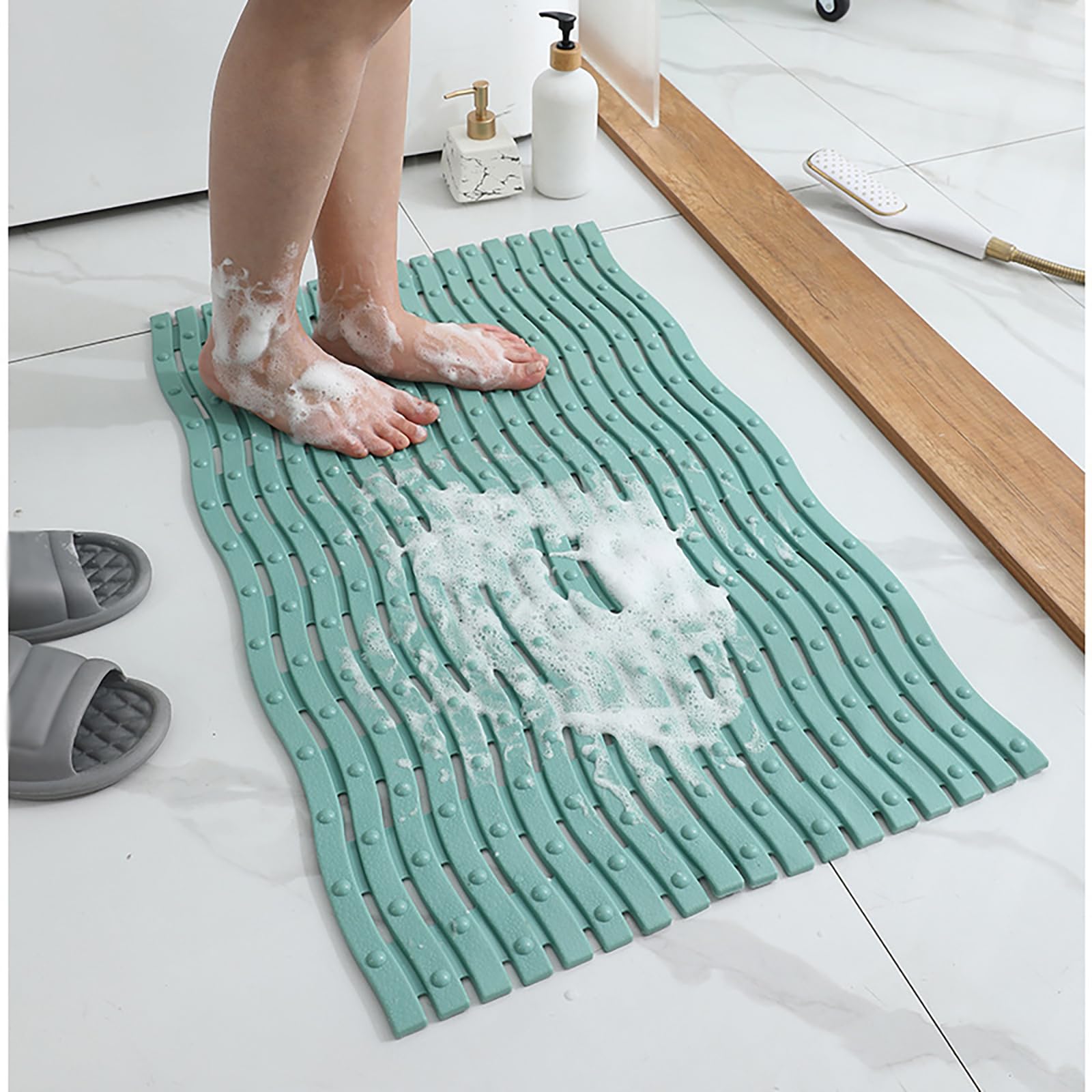 Ondulado Alfombra Pies Ducha Secado Rapido con Ventosas Fuerte, Suave Alfombrilla Ducha Antideslizante,Resistente Al Desgarro Alfombrilla de Bañera Lavable para Baño,Verde,50x80cm/20x31in