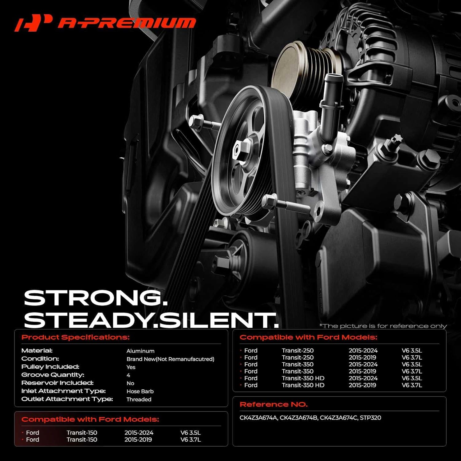 A-Premium Power Steering Pump, with Pulley, Compatible with Ford Transit-150/Transit-250/Transit-350/Transit-350 HD 2015-2019 V6 3.5L, 2015-2026 V6 3.7L