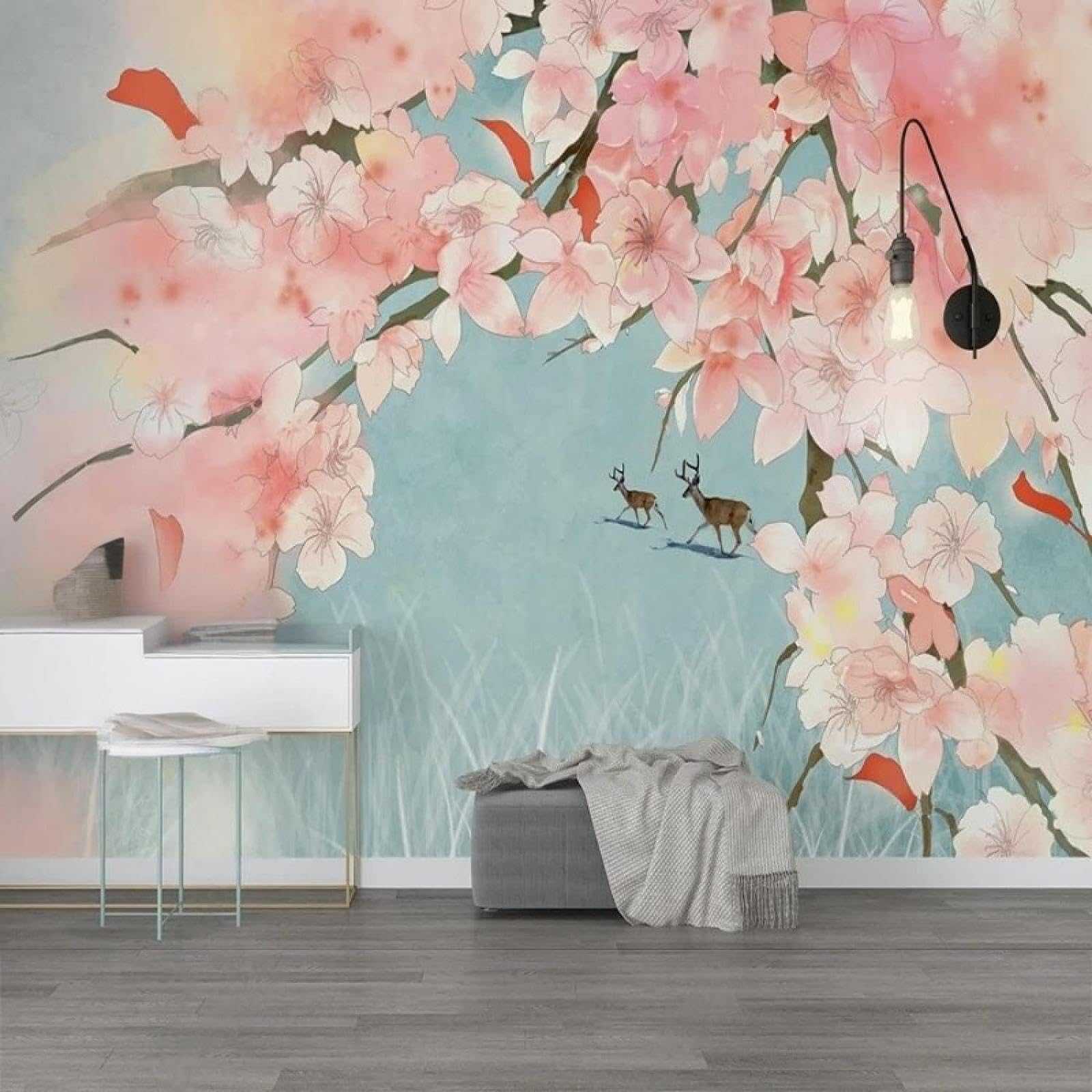Creative Three Dimensional Pink Floral Reindeer 3D Wallpaper Luxury Silk Study Dining Feature Sofa Grey Bedroom Living Room Tv Decorative Wall-400cm×280cm