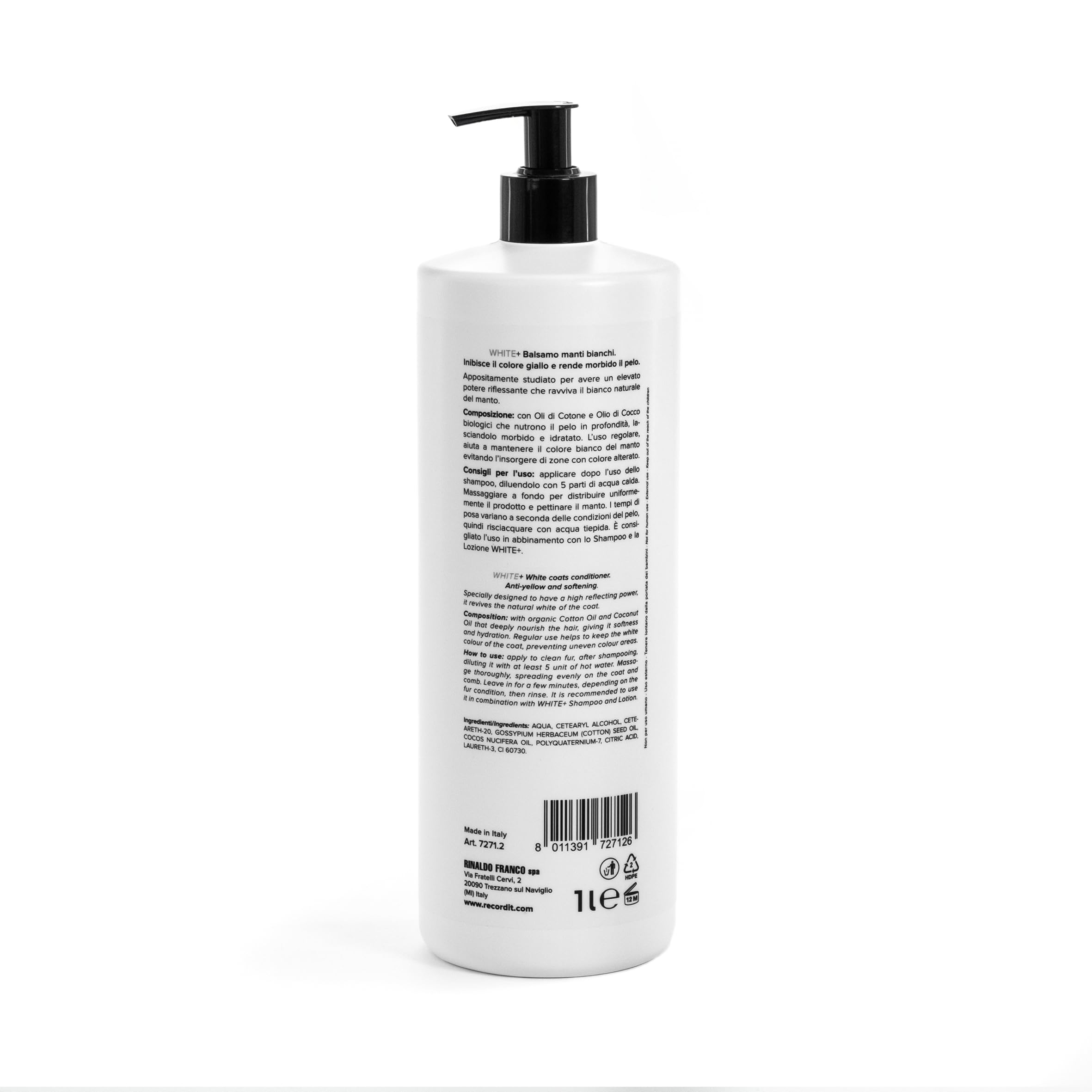 Record Charme White+ Feuchtigkeitsbalsam für Hunde, professioneller Conditioner mit Baumwollöl und Kokosnussöl, Anti-Gelb-Bleaching-Wirkung. Hergestellt in Italien, 1 L