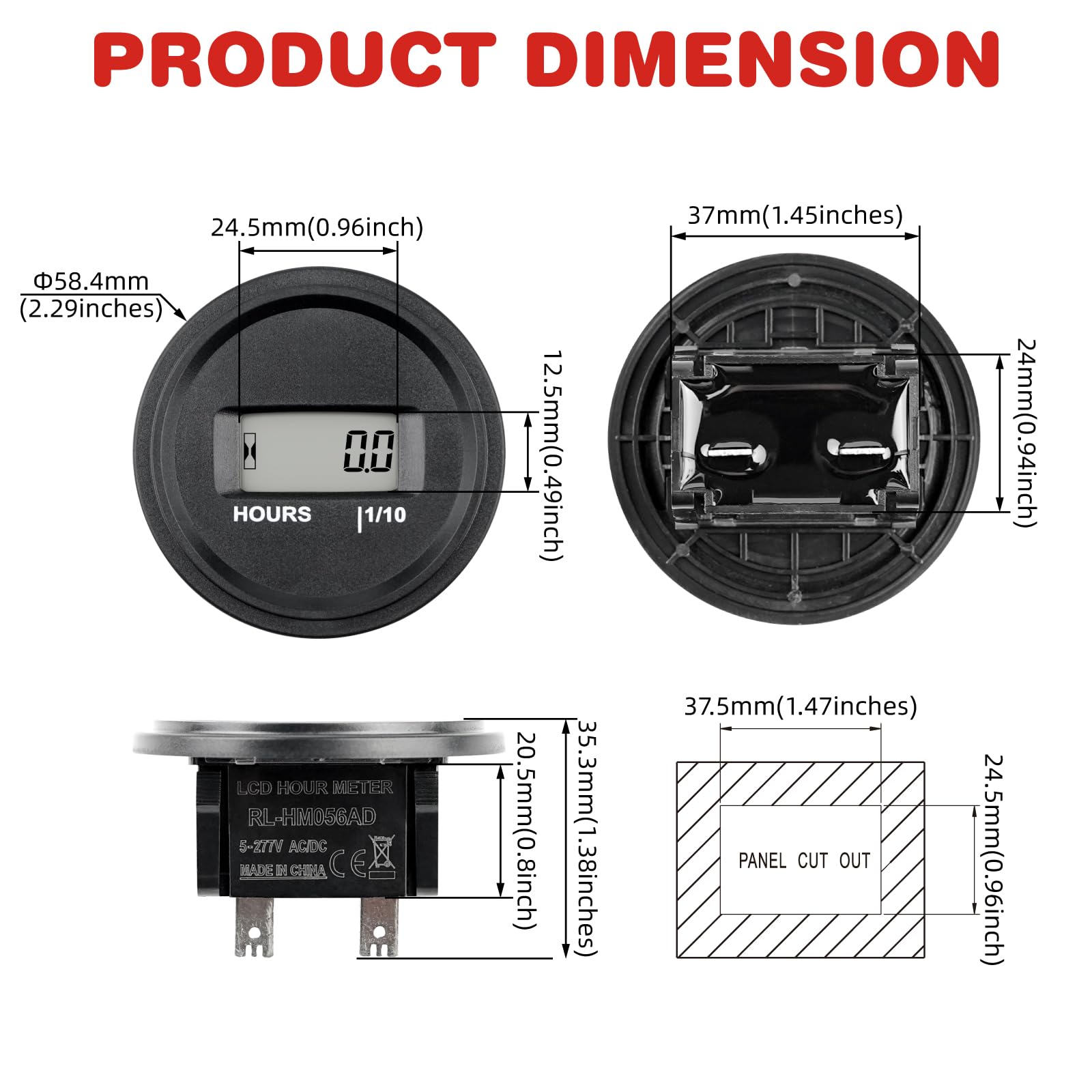 HM056AD Snap en el medidor de horas, temporización TOT, 5-277V AC/DC, IP68 a prueba de agua, utilizado para bombas internas y externas, motocicletas, generadores, cortadoras de césped, mod