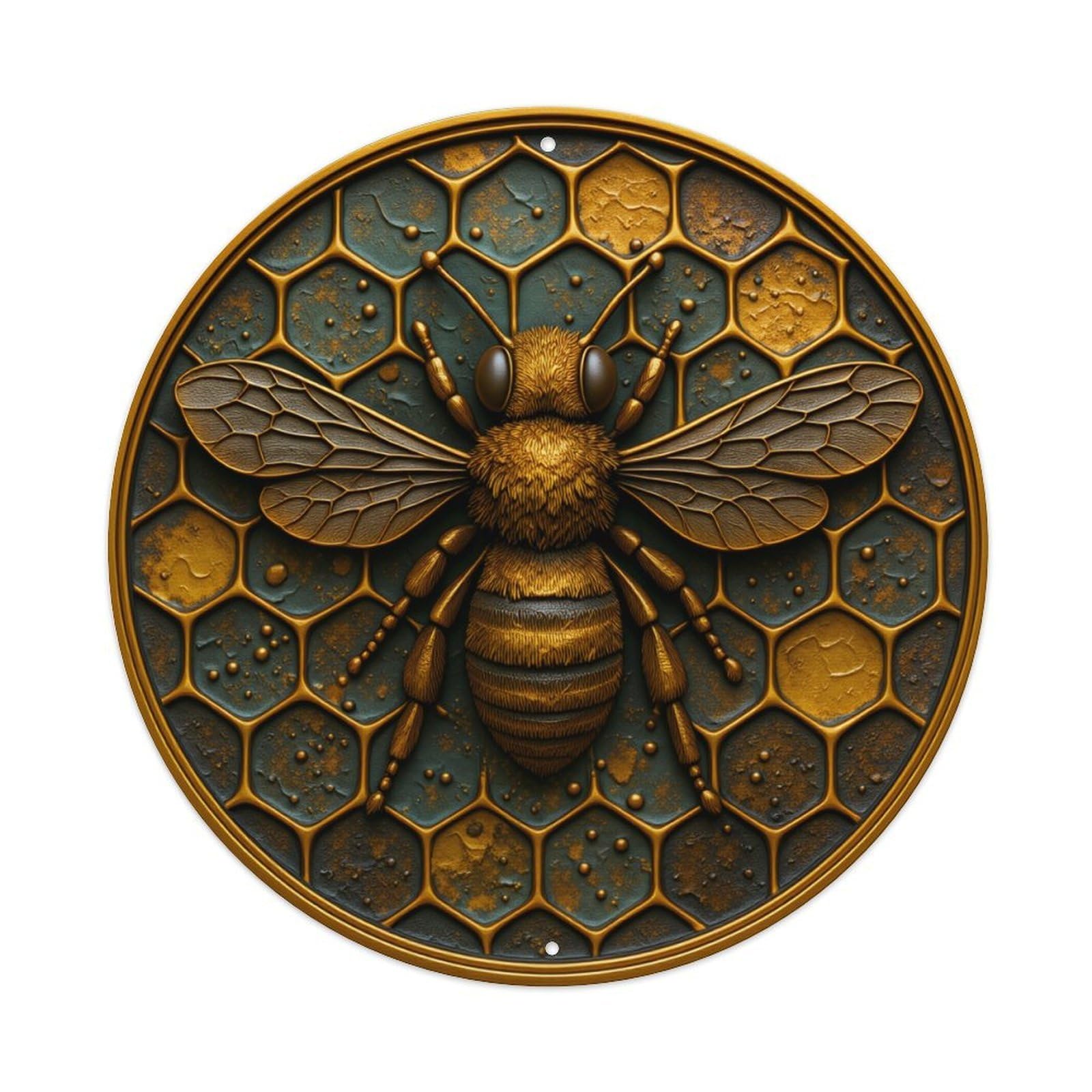 Honeycomb Bee Pattern Design Art Round Tin Sign Vintage Metal Poster, Home Bar Garage Man Cave Cafe Indoor & Outdoor Wall Decoration 8x8Inches