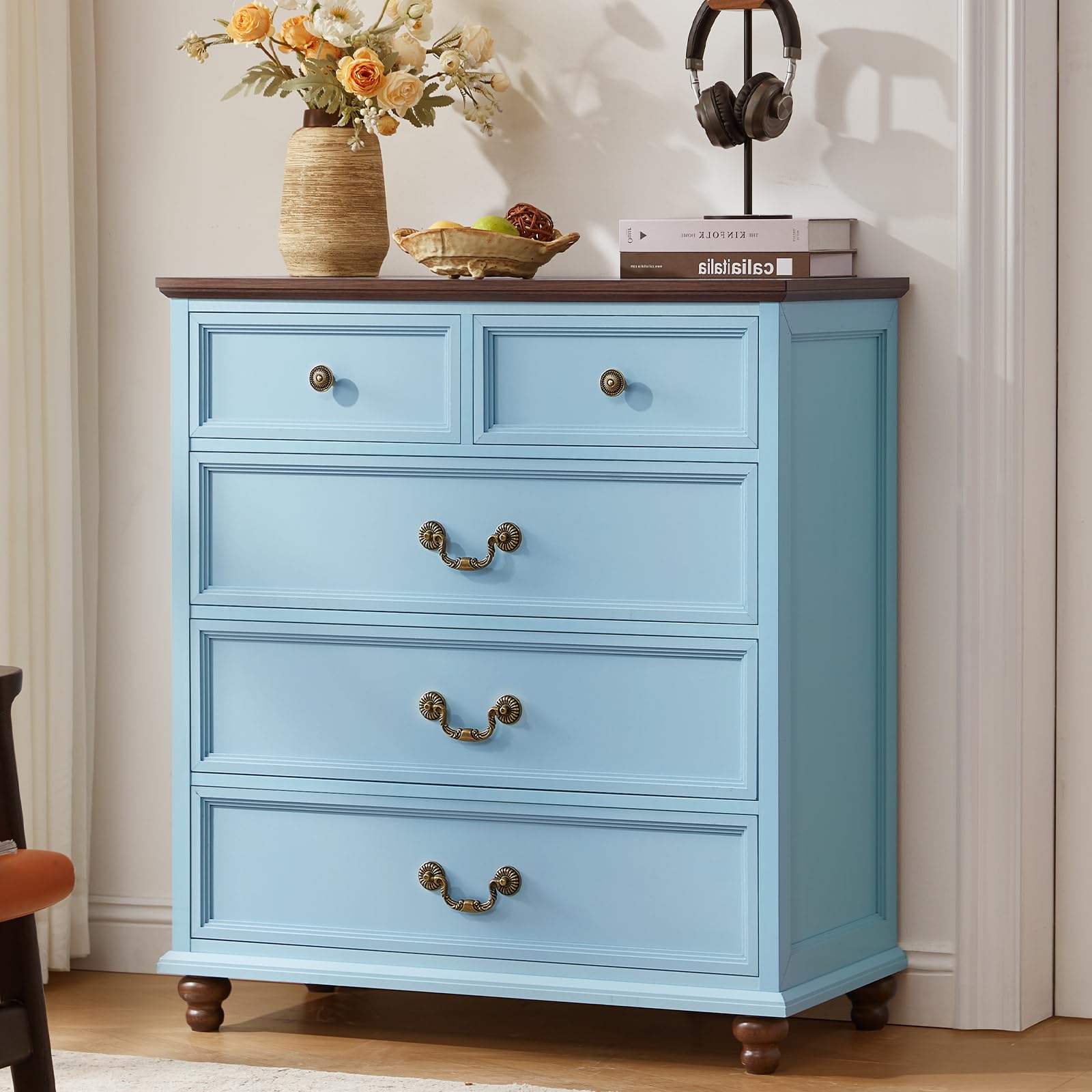 Joaxswe Farmhouse 5 Drawer Dresser for Bedroom, 35" Tall Rustic Chests of Drawers w/ 4 Solid Wood Feet, Mid Century Modern Wooden Closet Storage Dressers Organizer for Living Room, Hallway,Light Blue