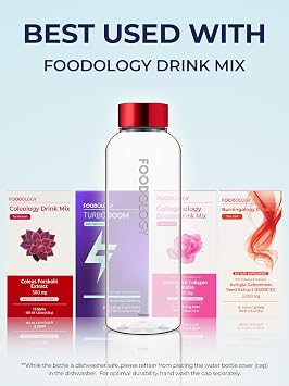 FOODOLOGY Bottle for Drink Mix (Red, 16.9fl oz) - Leak Proof, Lightweight, Durable Sports Water Bottle. Reusable for Gym, Outdoor, Travel. BPA Free, Clear Beverage Container with Marker