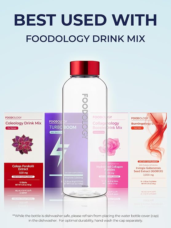 FOODOLOGY Bottle for Drink Mix (Red, 16.9fl oz) - Leak Proof, Lightweight, Durable Sports Water Bottle. Reusable for Gym, Outdoor, Travel. BPA Free, Clear Beverage Container with Marker