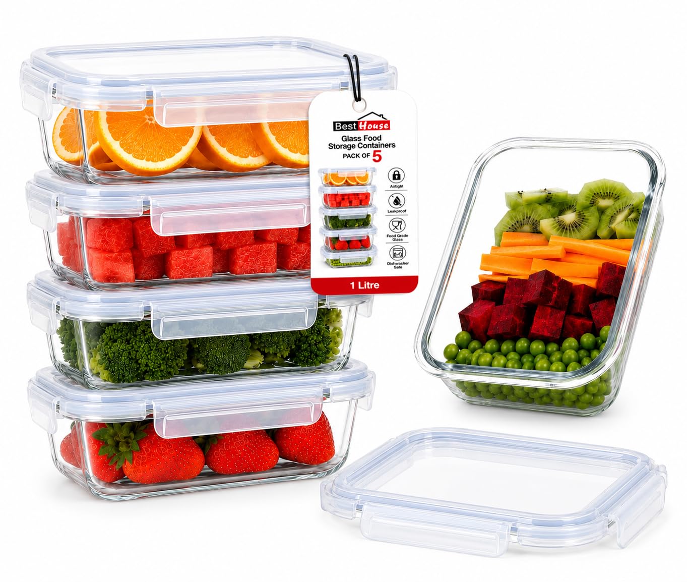 BH | 5-Pack Glass Food Storage Containers with Lids | 1000ml | Borosilicate Glass Meal Prep Containers | Airtight & Leakproof Food Storage Boxes | BPA Free, Microwave, Dishwasher Safe – by Best House