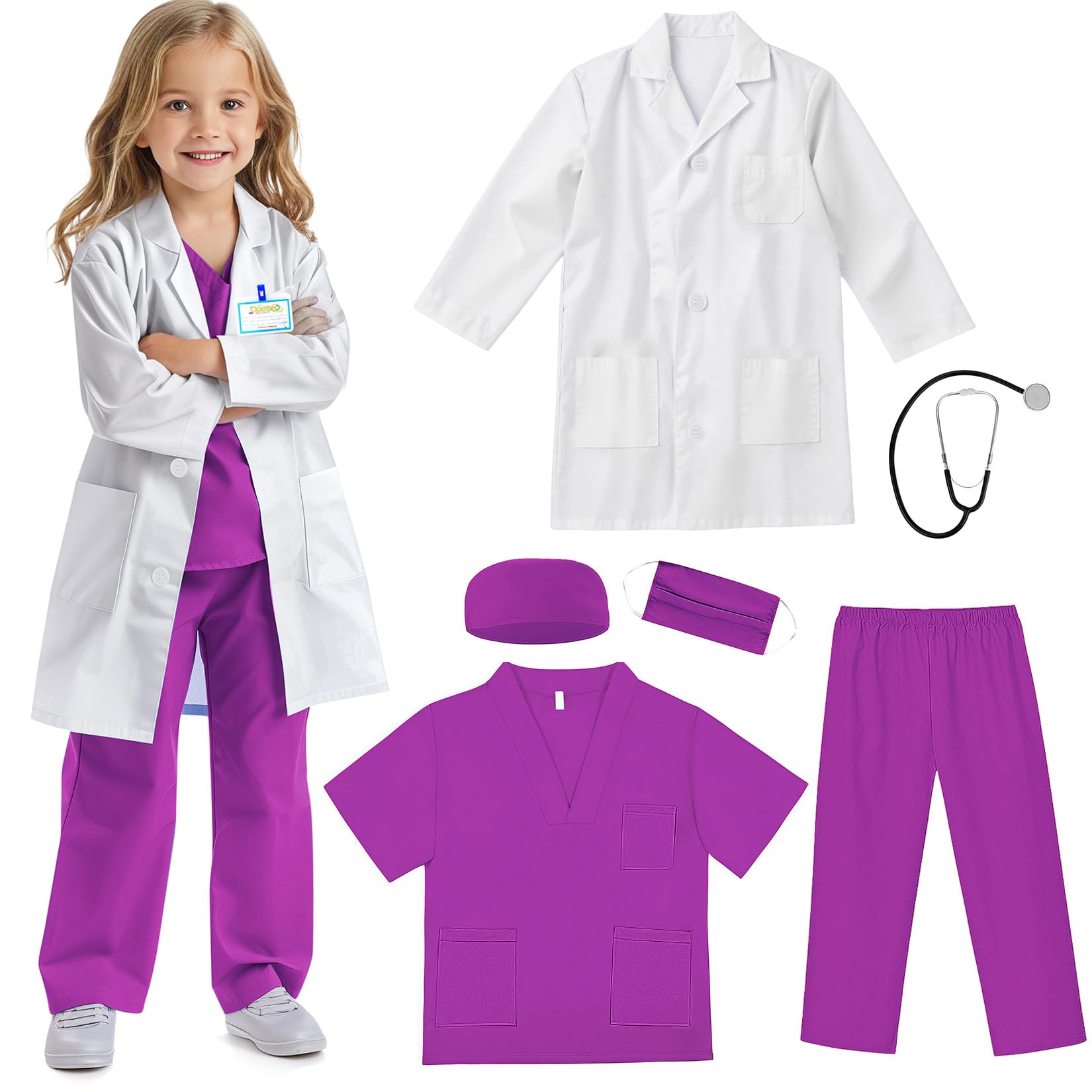 RioRand Doctor Costume for Kids With Stethoscope Lab Coat Career Day Costume Halloween Dress Up For Boys Girls 3-12