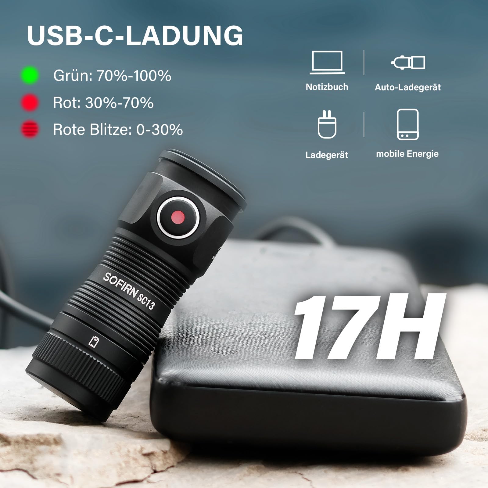 CSTEBOKE Sofirn SC13 Mini torcia a LED ricaricabile, 1300 lm, piccola torcia a LED, estremamente luminosa con 5 modalità, IP68, impermeabile EDC per campeggio, escursioni, emergenze, torcia elettrica